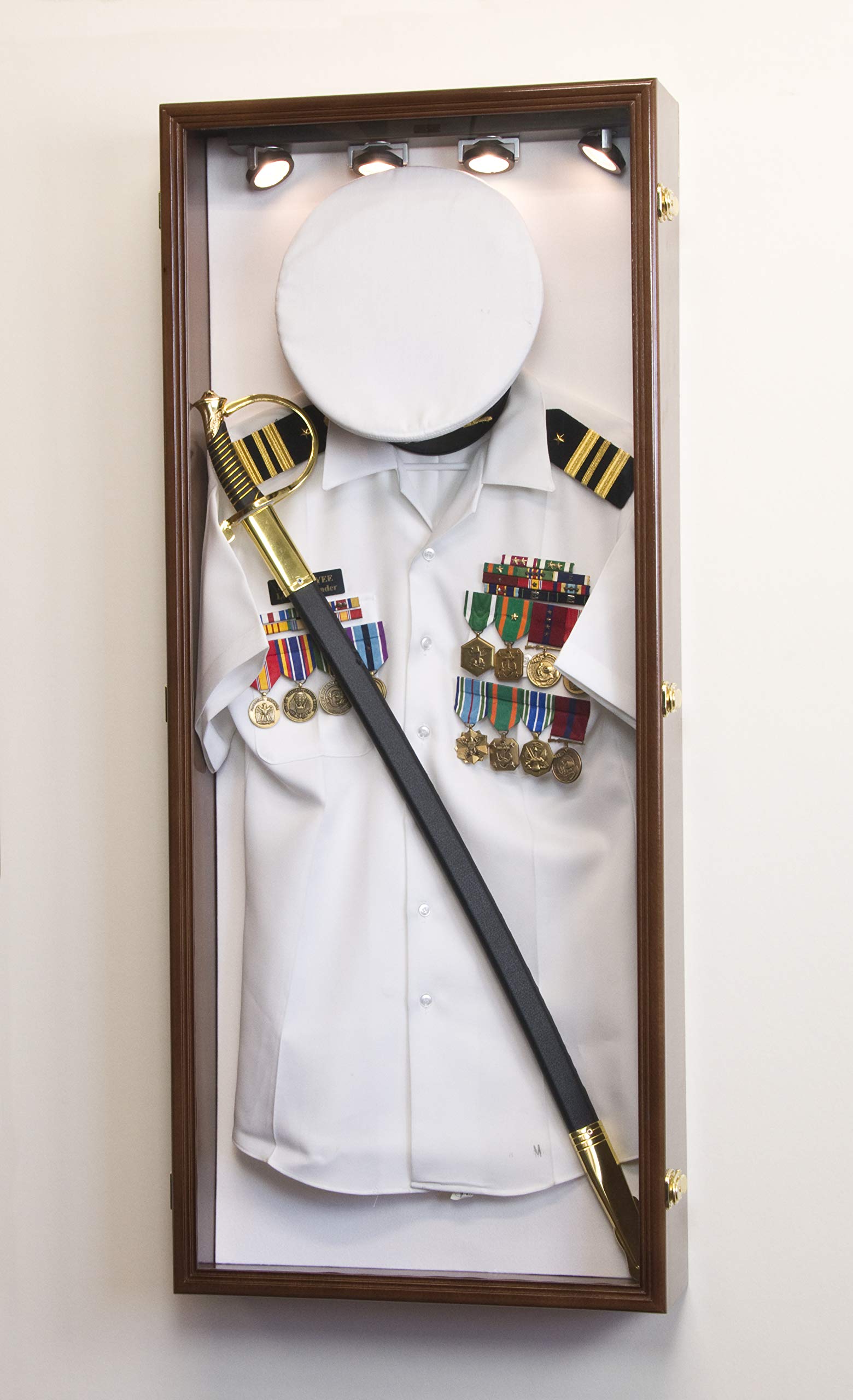 Military Shadow Box Display Case for Uniform, Cap, Hat, Sword & Medals - Lockable Wall Cabinet Frame with LED Light (Walnut Finish, White Felt) - Perfect for Home Decor, Army Memorabilia Display & Gift Giving