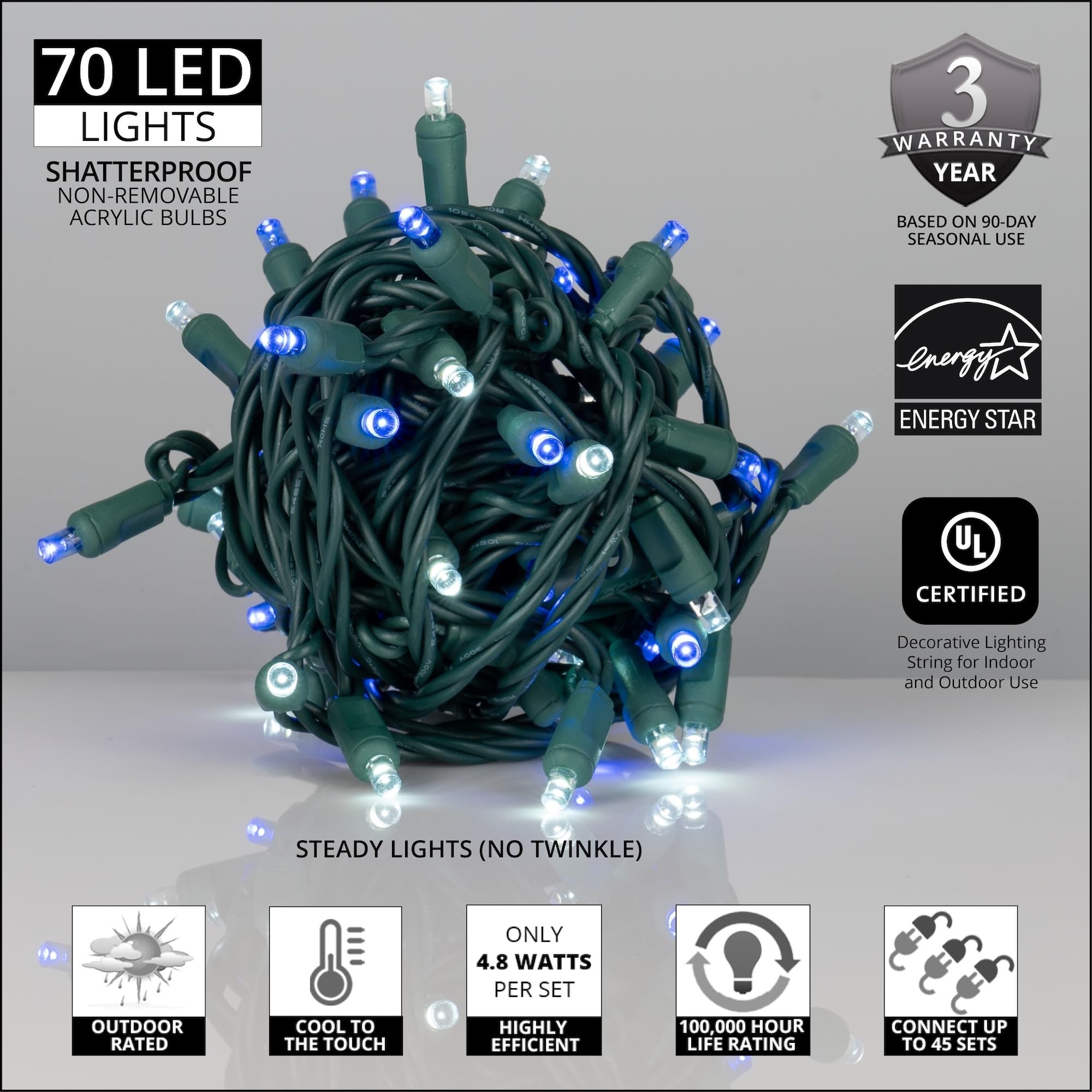 Blue & White LED Christmas Lights - 70 5mm Wide Angle Mini String for Holiday Decor