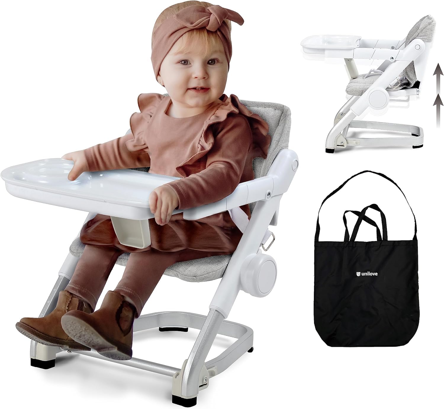 Voltz Toys 3-in-1 Travel Booster Seat for Kids - Adjustable, Foldable & Portable High Chair with Safety Harness - Perfect for Babies, Toddlers & Travel - Ideal for Restaurants, Airplanes & Road Trips (Grey)