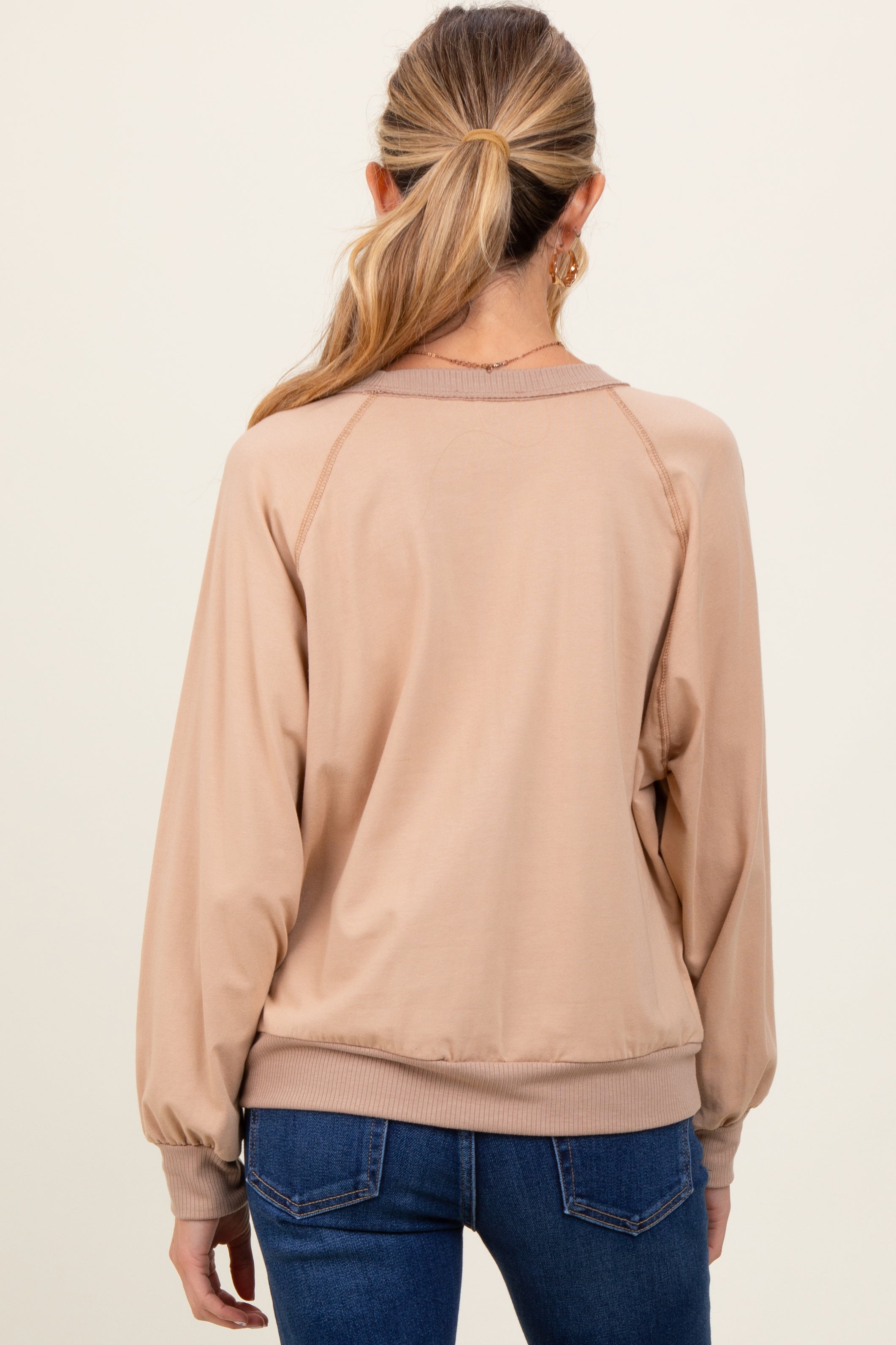 Beige French Terry Contrast Rib Maternity Long Sleeve Pullover - Soft & Stretchy Pregnancy Top for Comfortable Maternity Wear | Perfect for Casual Outfits, Nursing & Everyday Use