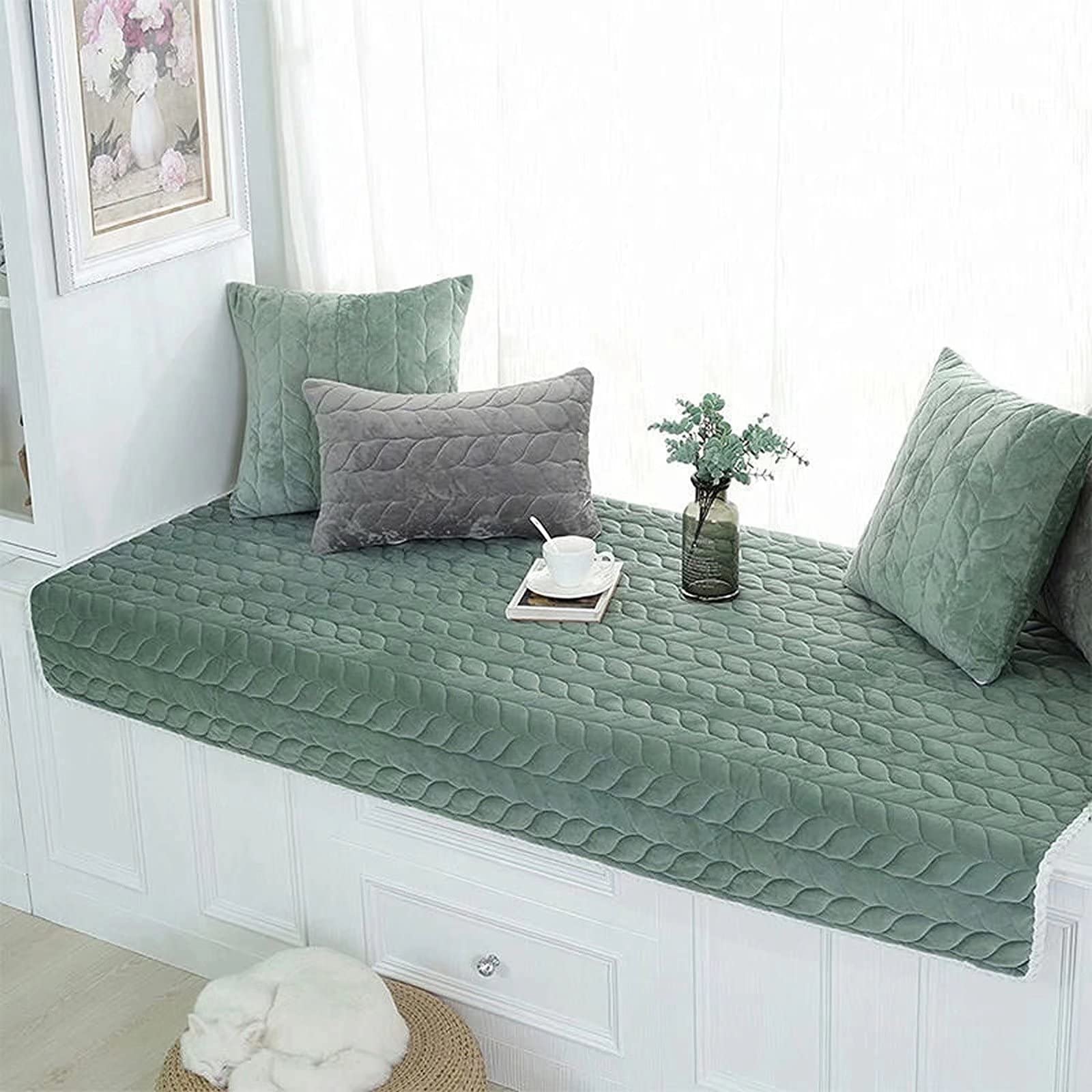 Viaplser Custom Bay Window Mat - Non-Slip Crystal Velvet Cushion for Windowsill, Bench & Sofa - Waterproof Indoor/Outdoor Furniture Protector in Green - Perfect for Living Room, Bedroom & Patio Decor