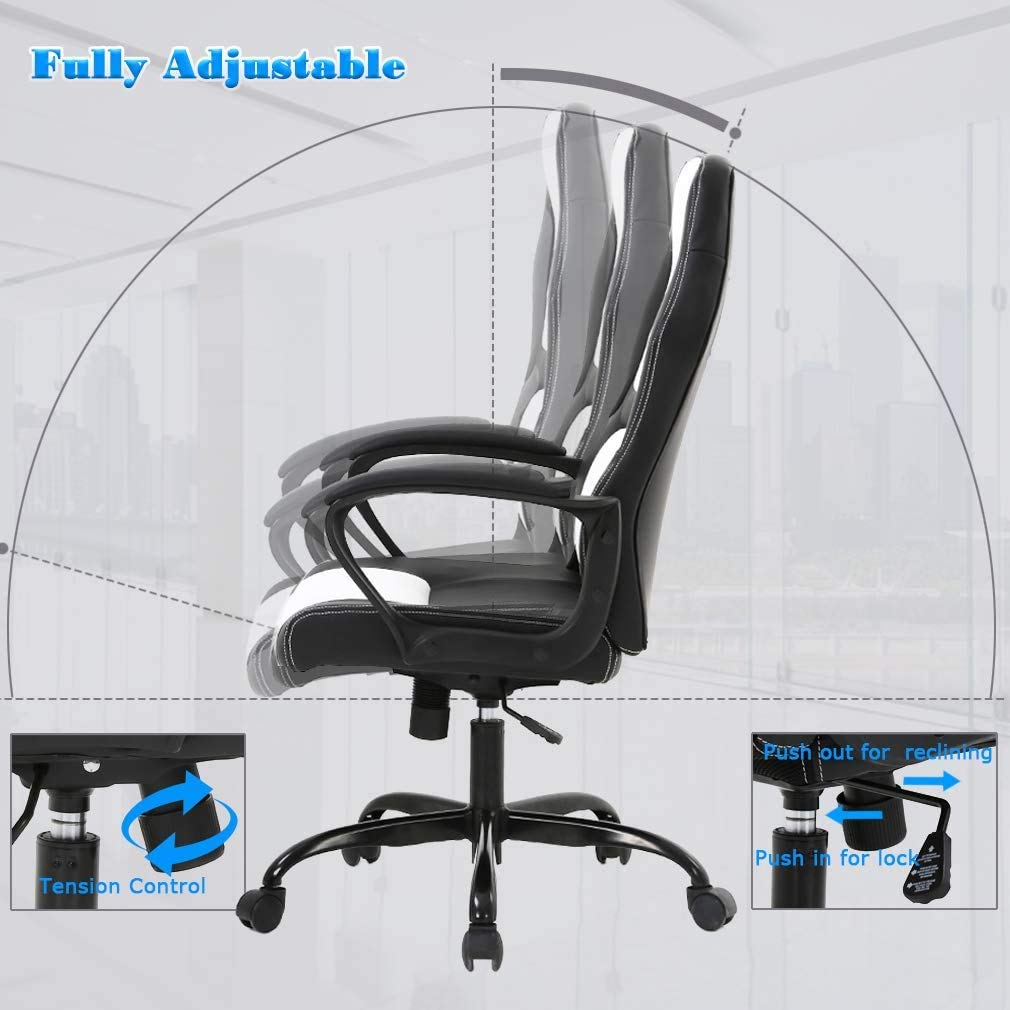 Ergonomic Office Chair - Adjustable Height Computer Gaming Chair with Lumbar Support, Swivel Rolling Executive Leather Desk Chair for Home & Office Workspace - White