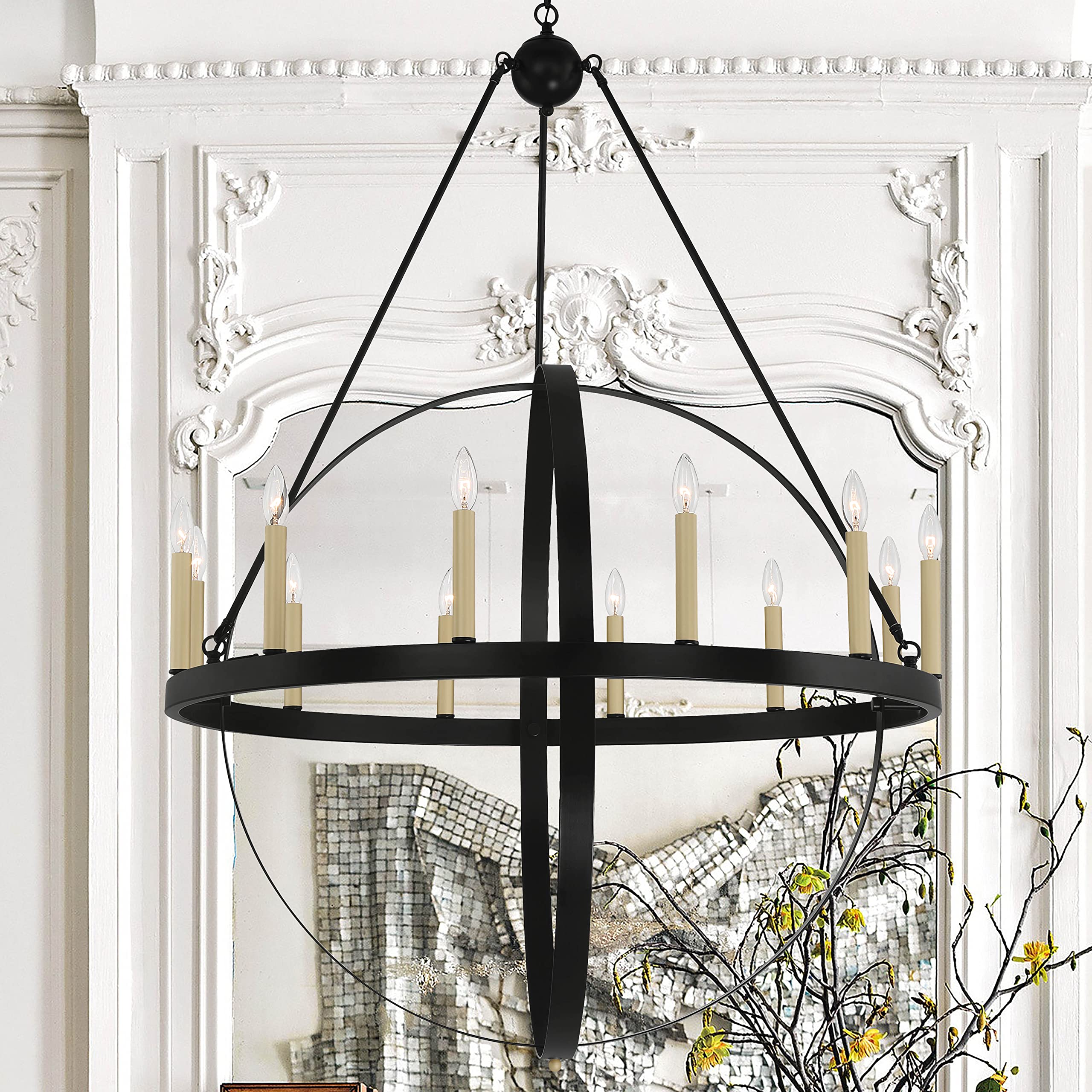 Vanity Art 12-Lights Geometric Wagon Wheel Chandelier - Farmhouse Candle Style Ceiling Light Fixture for Living Room, Kitchen, Dining Room - Black & Bronze - Perfect for Rustic Home Decor & Country Style Interiors (Model 10552CR-BK-BD)