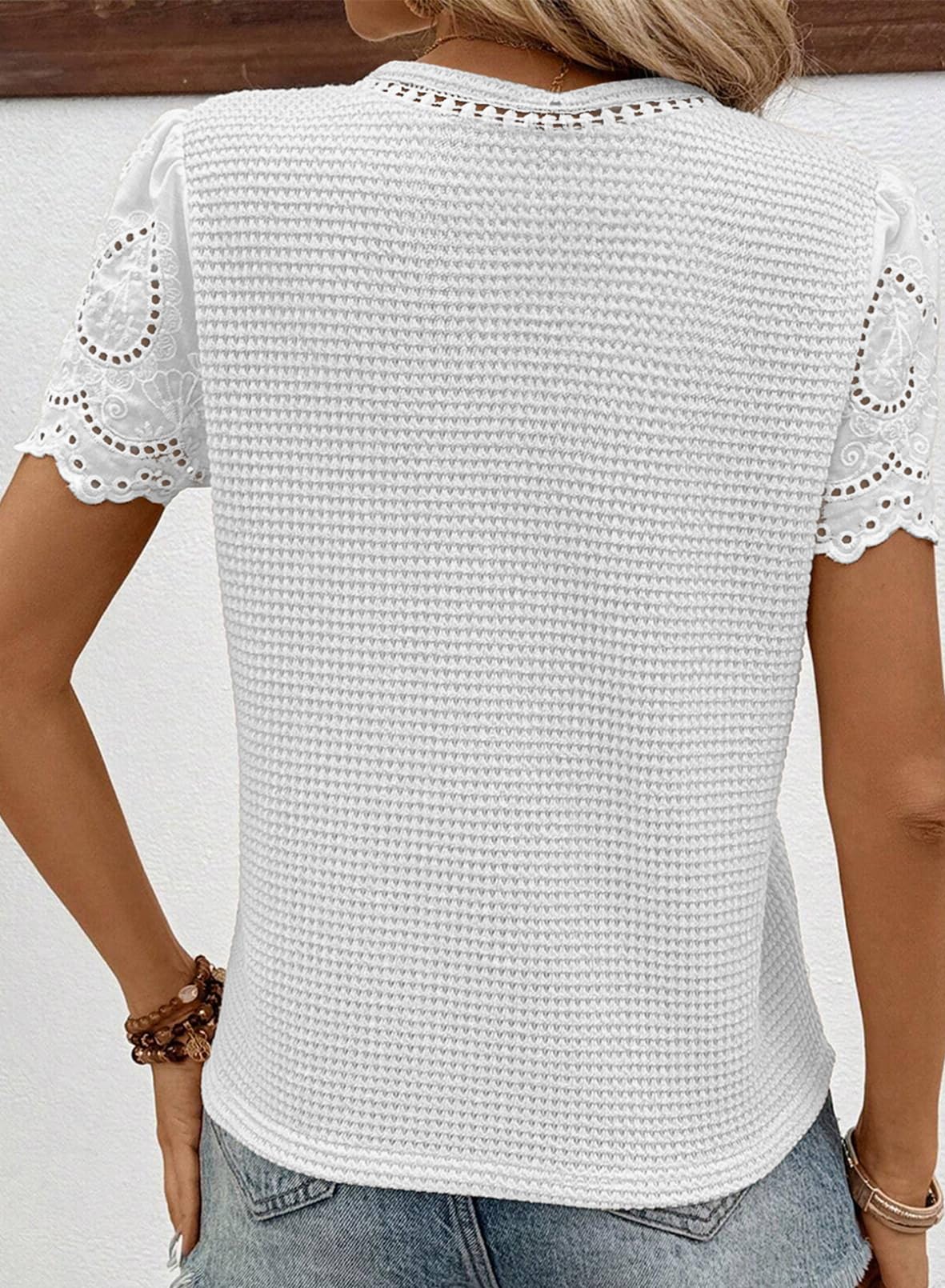 SHEWIN Women's Frenchy Summer Tops - Crewneck Short Sleeve T-Shirts, Casual Waffle Knit Jacquard Blouses for Women | Perfect for Beach Outings, Vacation Wear & Everyday Casual Style
