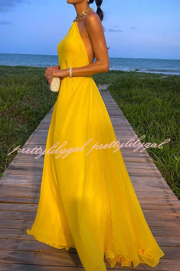 Santorini Vacation Maxi Dress - Backless A-Line Halter Dress with Metal Chain Detail | Perfect for Beach Weddings, Summer Getaways & Boho Fashion