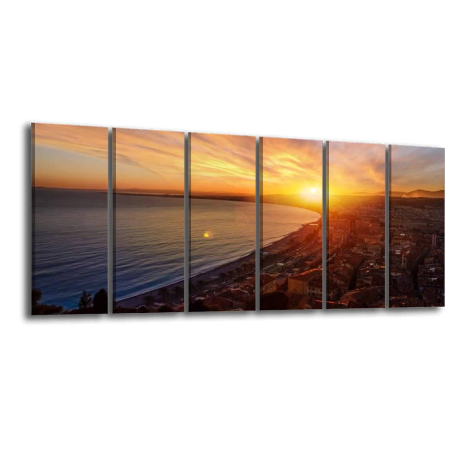 6-Panel Sunset Aerial View Wall Art of Nice, French Riviera - Framed Canvas Prints for Modern Home Decor | Large Size Ready-to-Hang Painting for Living Room & Bedroom | Coastal & Travel Inspired Wall Decor