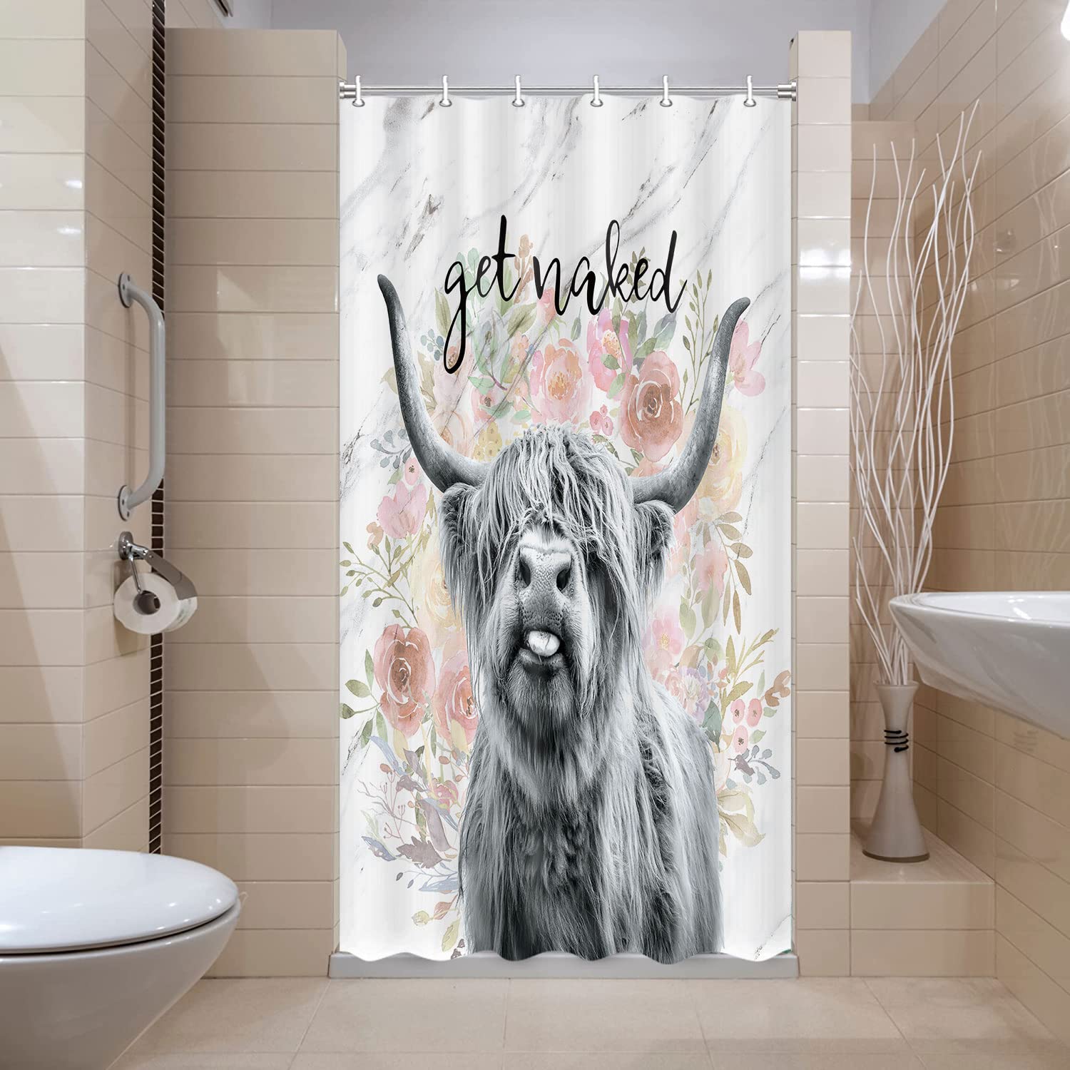 Highland Cow Farmhouse Small Shower Curtain 36x72 Inches - Waterproof Narrow Standing Single Shower Curtain with Hooks for Bathroom, Stall, RV & Tiny Homes - Rustic Farmhouse Decor