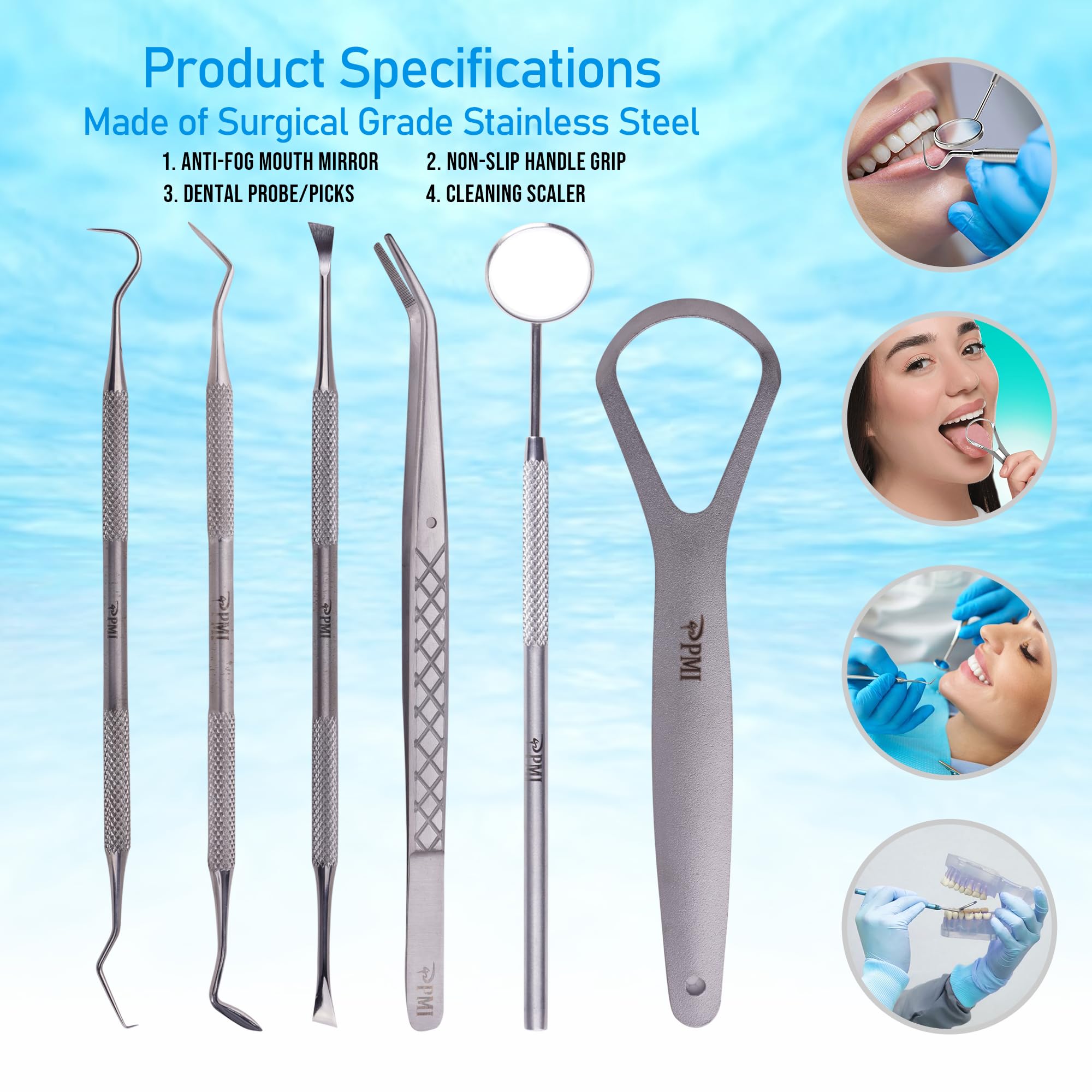 Professional Stainless Steel Dental Tools Kit - 6 PCS Teeth Cleaning Set with Plaque Remover, Dental Pick & Tooth Scraper | Oral Hygiene Care for Dentists & Home Use | Perfect for Travel & Daily Dental Maintenance
