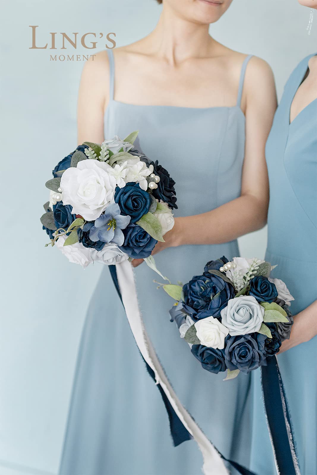 Ling's Moment Navy Blue and White Artificial Bridesmaid Bouquet Set of 4 - 7 Inch Silk Wedding Flowers for Bridesmaids, Ceremony, Reception - Perfect for Rustic, Beach, and Vintage Wedding Themes