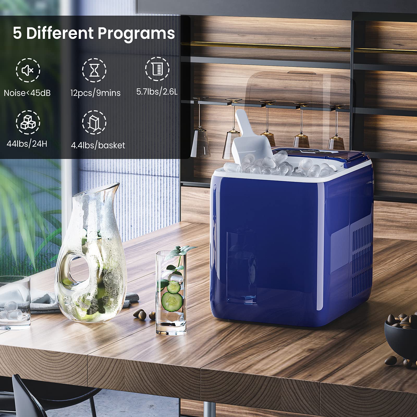 Portable Ice Maker Machine - Fast 9-Minute 12-Cube Countertop Ice Maker with Self-Cleaning Function, Navy Blue - Perfect for Home, Office, RV, and Outdoor Parties