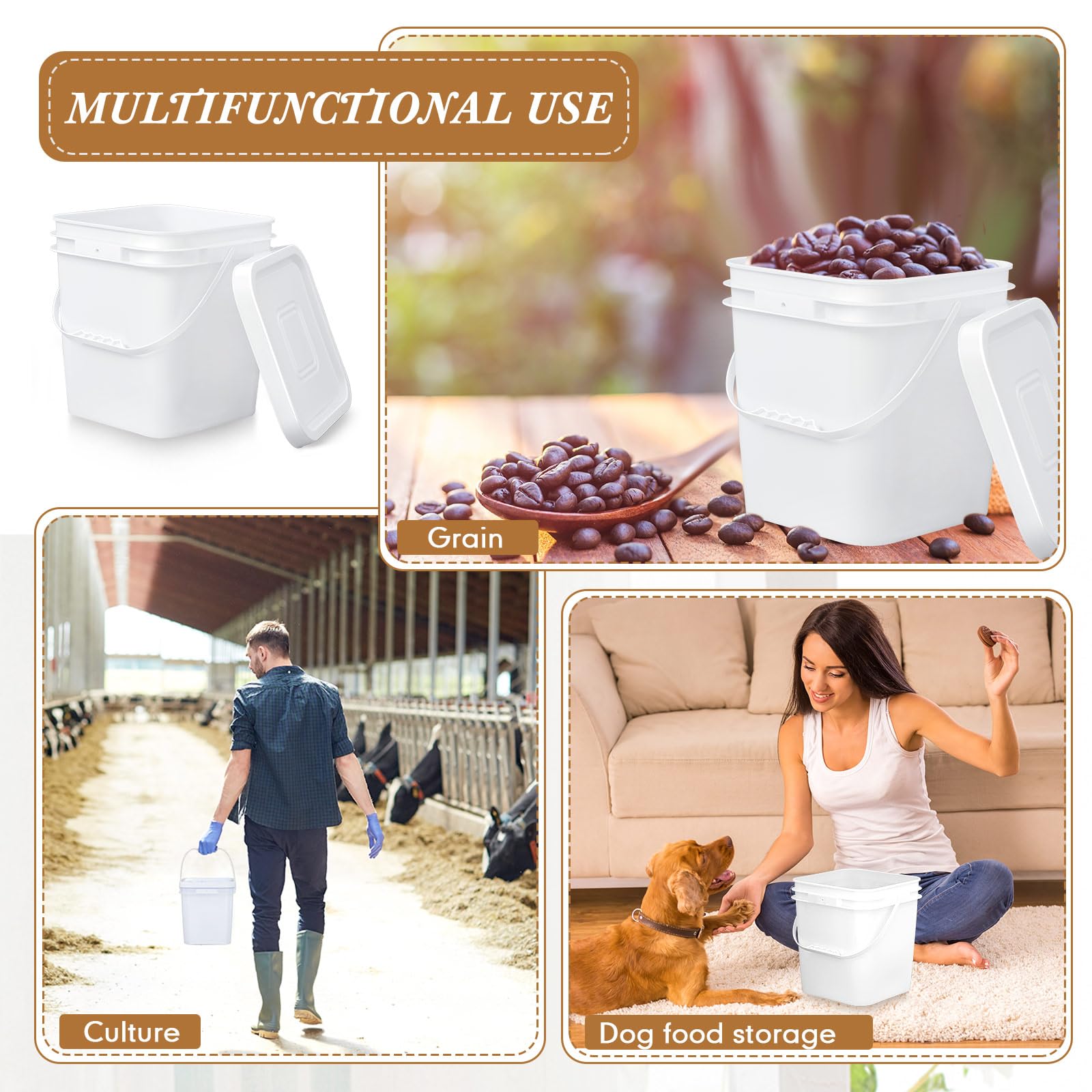 Mumufy 5-Pack 3.5 Gallon Square Food Grade Plastic Buckets with Lids & Handles - Airtight Storage for Dry Food, Charcoal, Camping Gear, Fishing Supplies (White) - Perfect for Kitchen Pantry, Outdoor Adventures & Bulk Food Organization