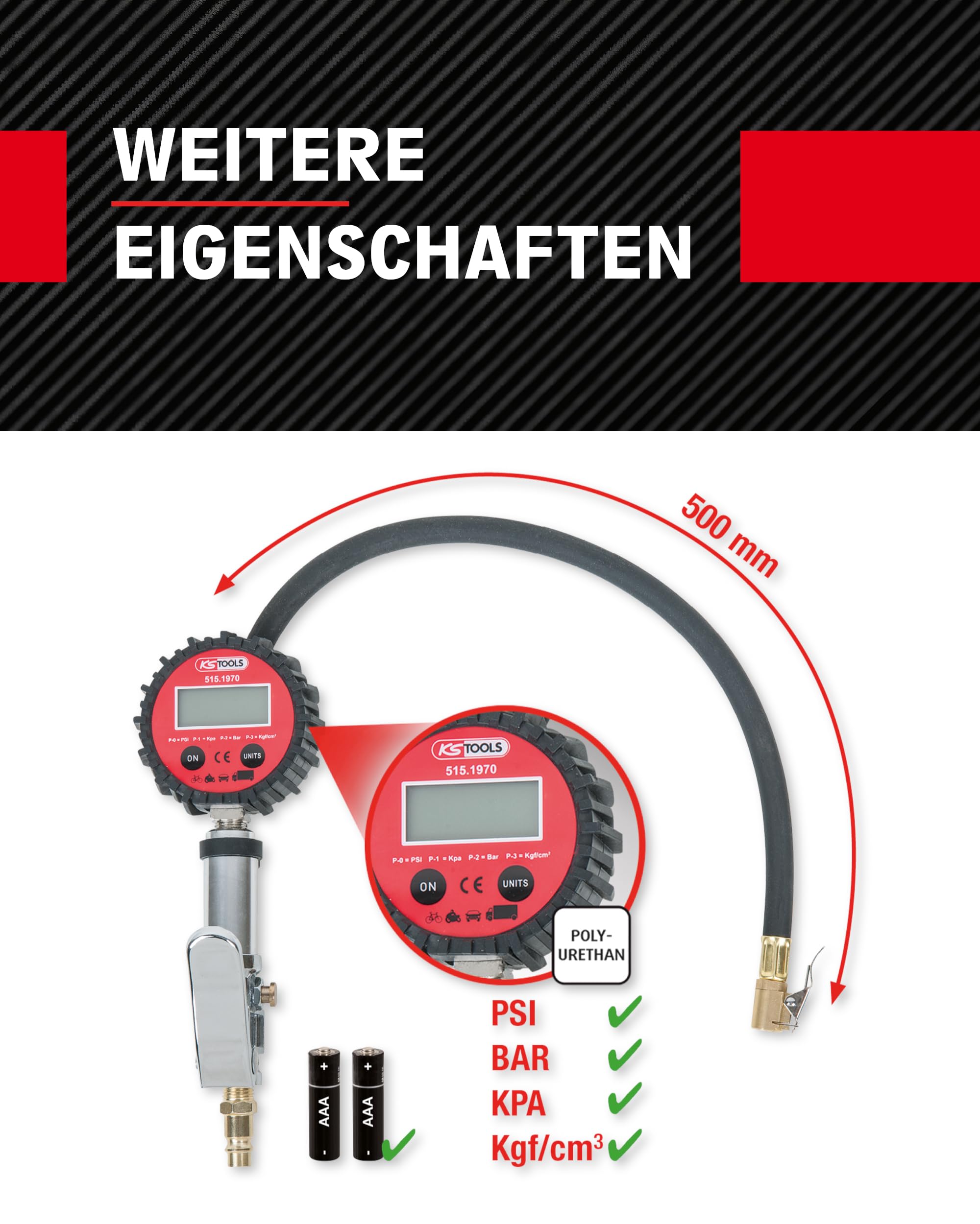 KS TOOLS 515.1970 Digital Tire Pressure Gauge 0-14 Bar (0-200 PSI) - Accurate Air Pressure Meter for Car, Bike, Motorcycle Tires - Easy to Read LCD Display - Perfect for Home, Garage & Roadside Use