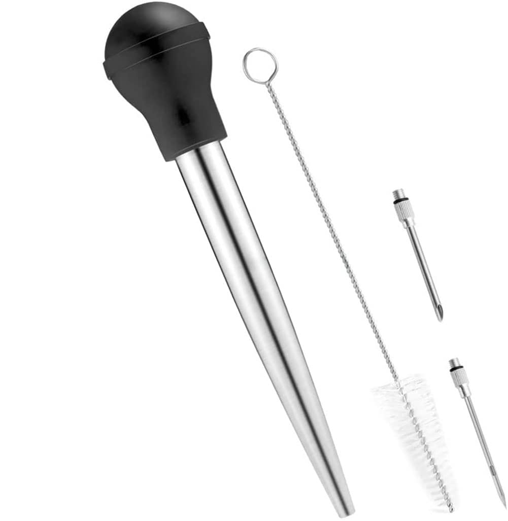 Professional Stainless Steel Turkey Baster Syringe with Cleaning Brush - Perfect for Oiling, Marinating Turkey, Beef, Pork & Fish - Essential Kitchen Tool for Thanksgiving, Grilling & Holiday Cooking