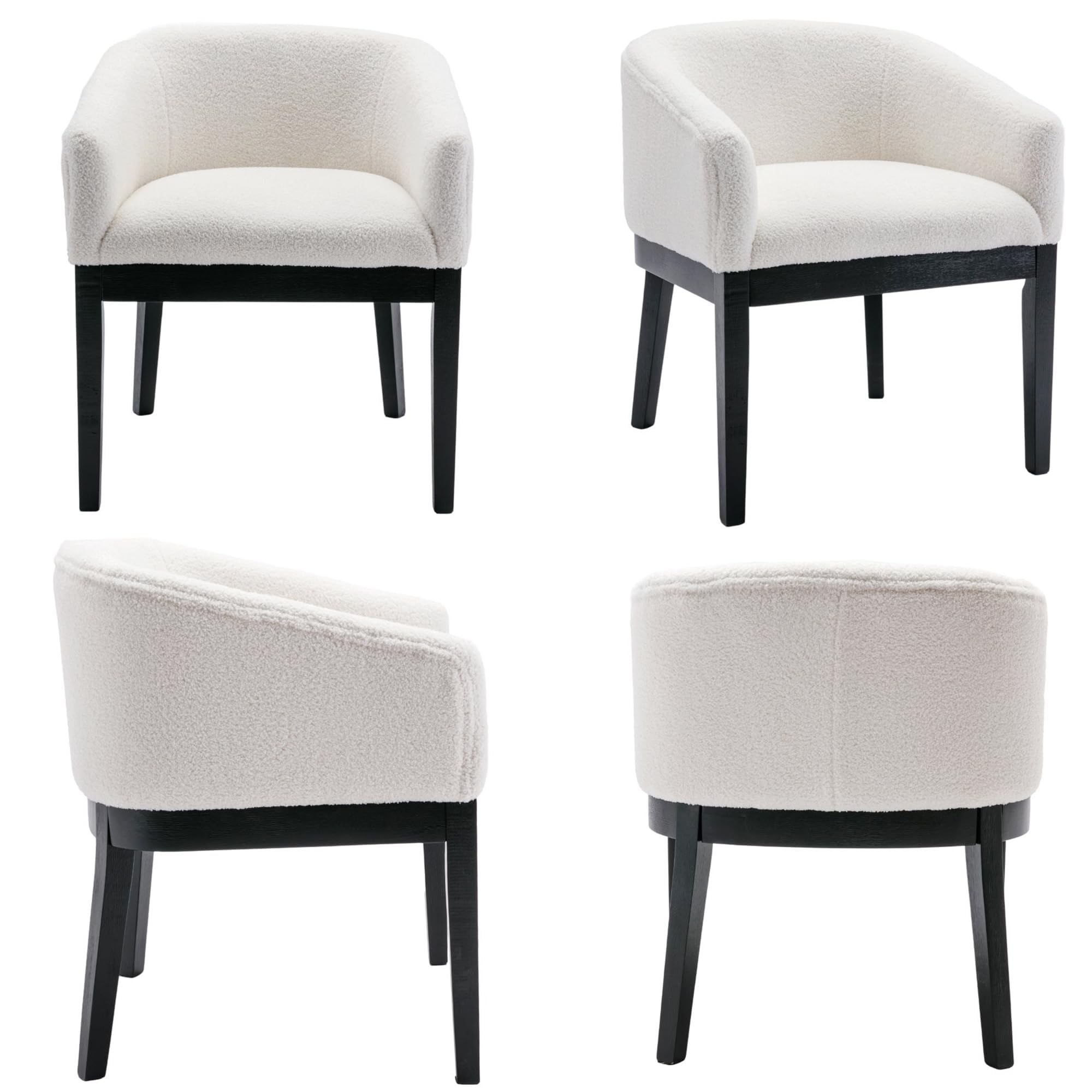 Mid Century Modern Upholstered Barrel Dining Chairs Set of 2 - Farmhouse Style Faux Sherpa Kitchen & Dining Room Chairs with Black Hardwood Frame - 18
