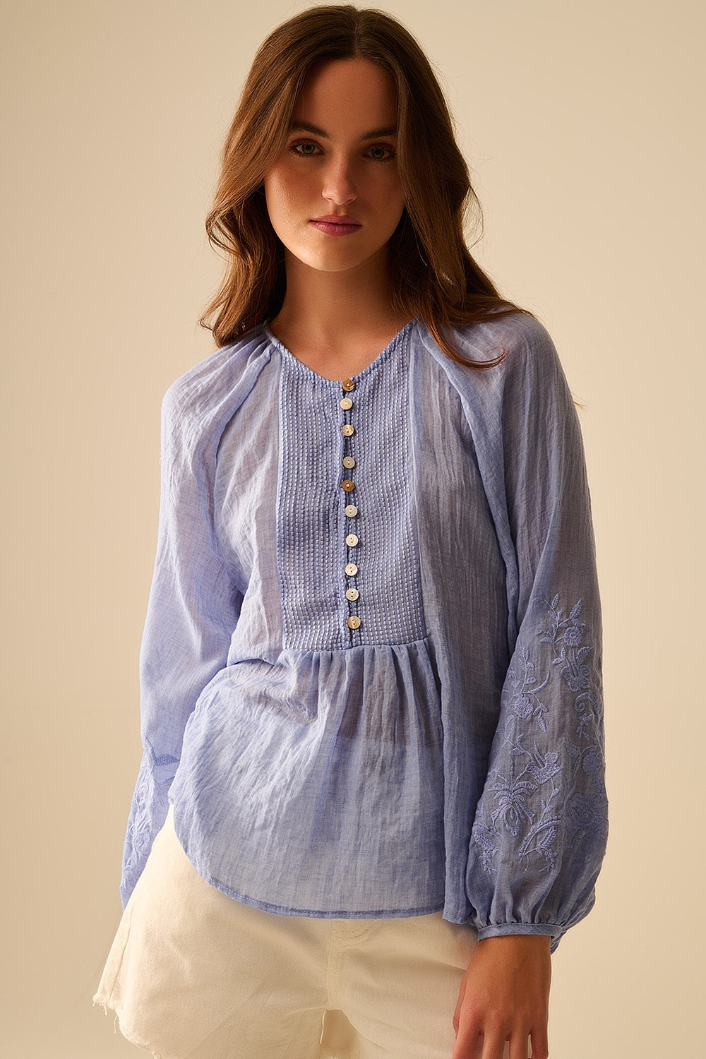 Blue Silk Chiffon Blouse with Embroidered Sleeves - Elegant Women's Top for Office Wear, Parties & Special Occasions