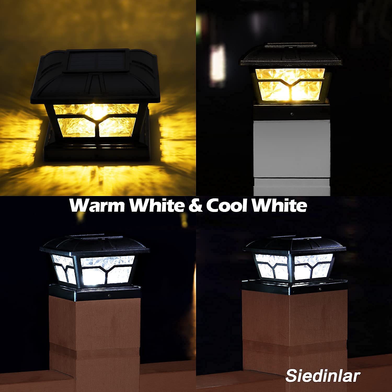 Siedinlar Solar Post Lights Outdoor - 4 Pack Black Glass Solar Lights with 2 Color Modes | Waterproof Garden Pathway Lighting for Driveway, Patio, Yard, and Walkway