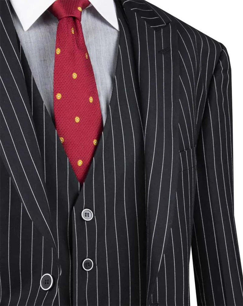 Black Regular Fit 3 Piece Suit 2 Button Gangster Stripe for Men - Business Formal Wear, Wedding Attire & Professional Office Outfits