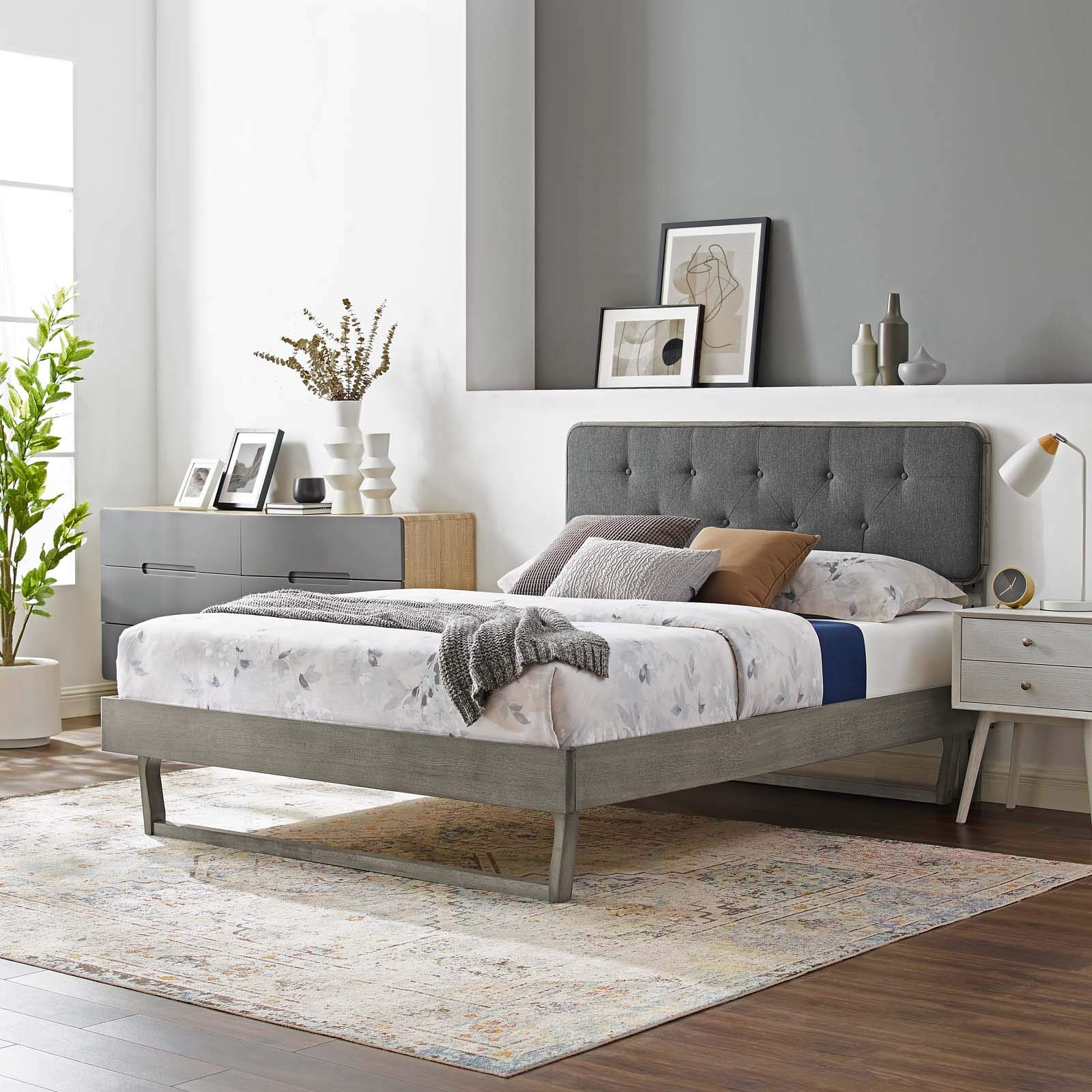 Modway Bridgette Wood Platform Bed Frame - King Size, Gray Charcoal Finish, Modern Angular Design for Bedroom | Sturdy Wooden Bed Base with Headboard | Perfect for Master Bedroom, Guest Room or Apartment