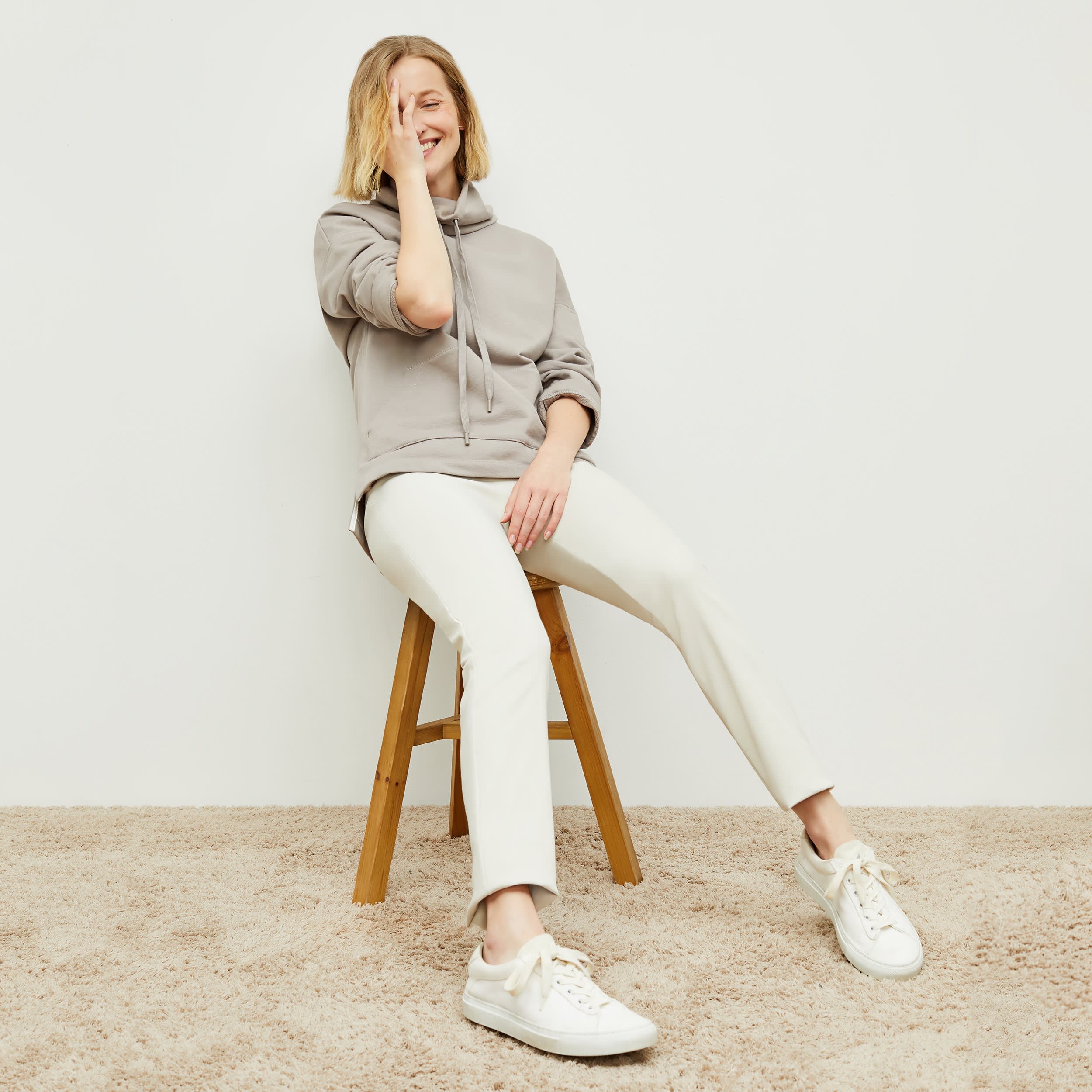 Foster Cigarette Pants for Women - High Waisted Stretch Work Pants in Bone Color - Perfect for Office, Business Casual & Travel