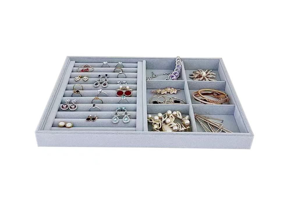Premium Velvet Jewelry Organizer Tray - Grey Stackable Drawer Insert with Ring & 6 Grid Compartments | Perfect for Necklace, Earring & Ring Storage | Jewelry Box Organizer for Dresser, Vanity & Travel