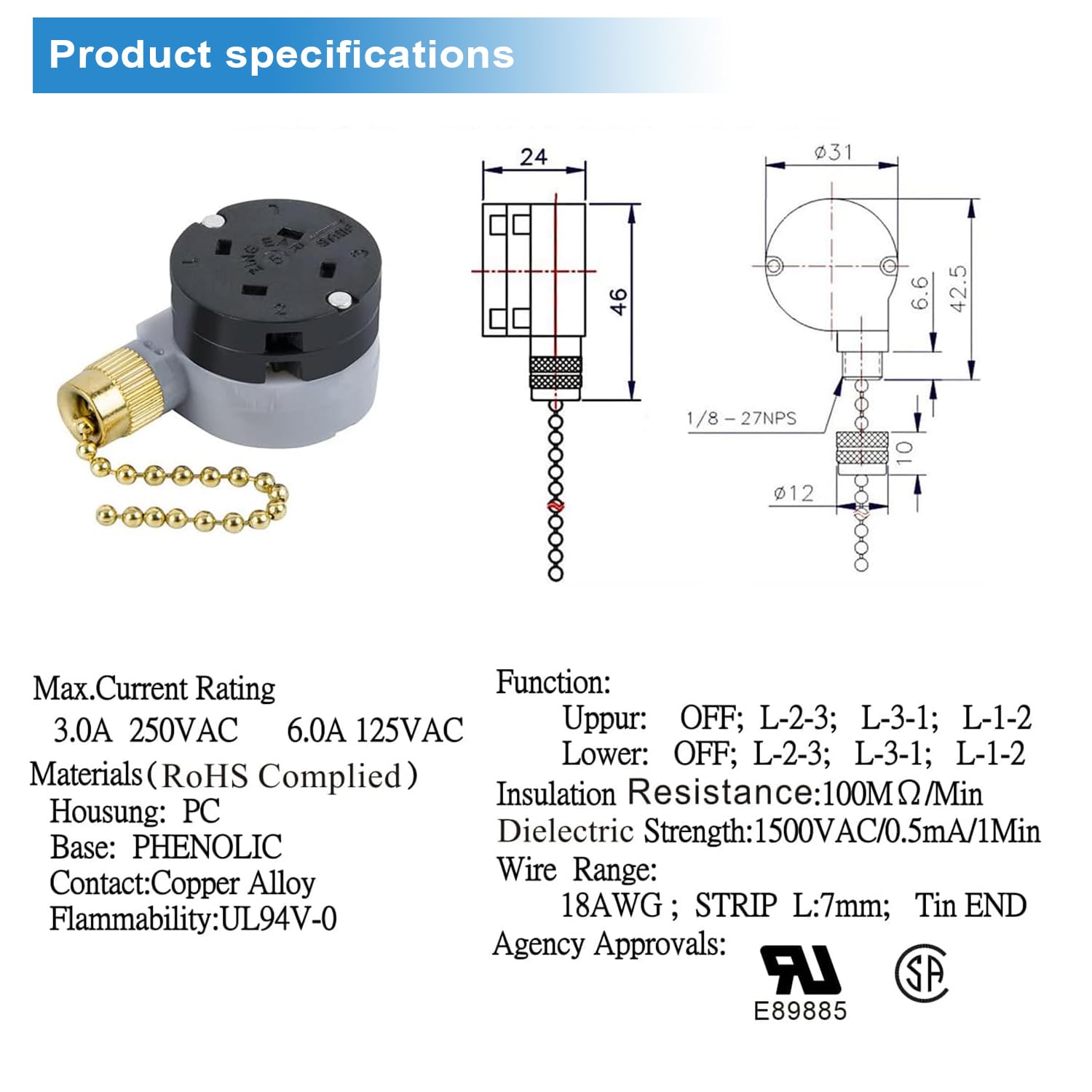 Zing Ear ZE-208D 3-Speed Ceiling Fan Control Switch with 5-8 Wire Pull Chain - Brass Chain Replacement Part for Ceiling Fans - Perfect for Bedroom, Living Room & Office Fan Repair