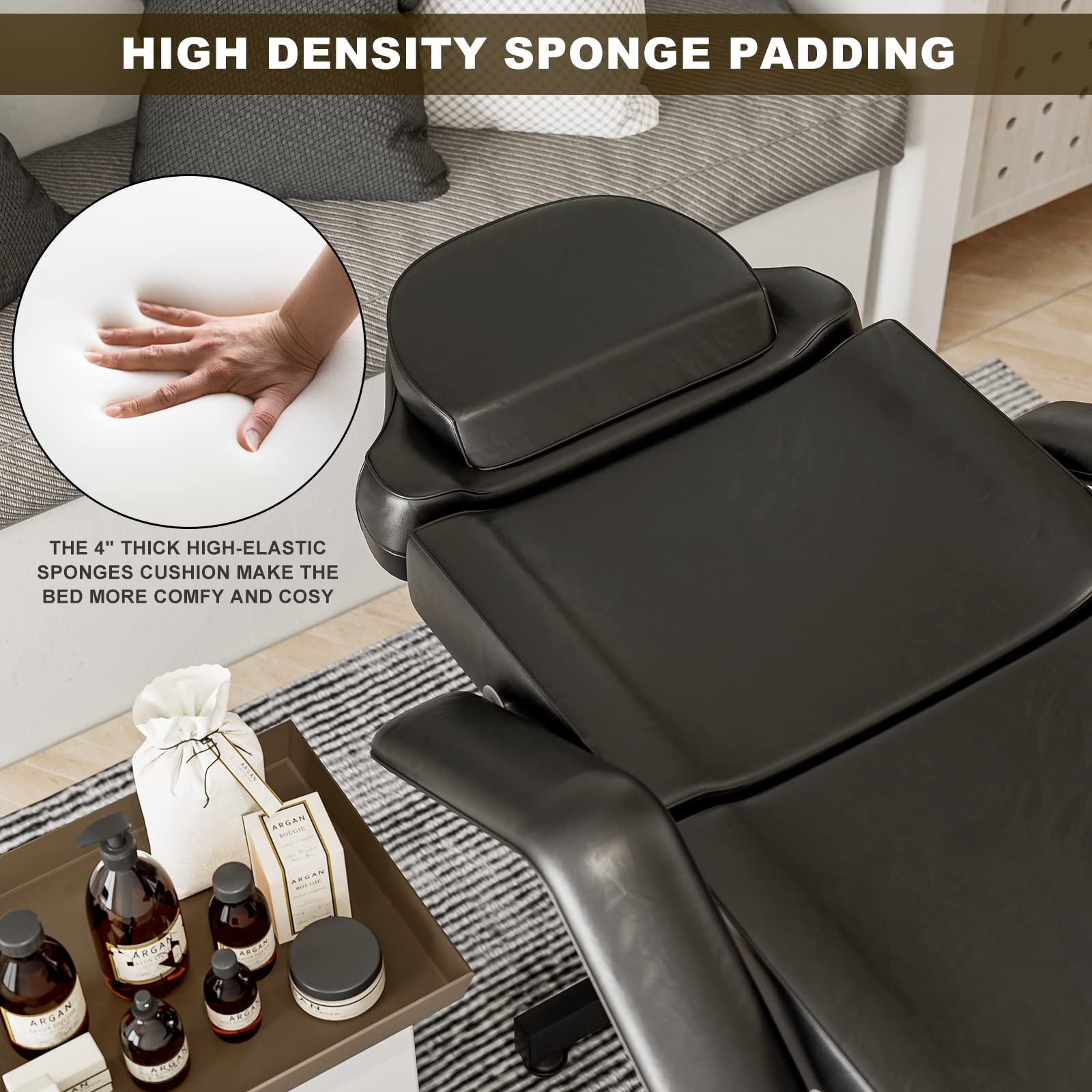 Paddie Adjustable Facial Bed Tattoo Table with Split Legs & Storage Pocket - Professional Spa Massage, Lash Extensions, Microblading & Pedicure Table for Estheticians - Perfect for Salon, Home Spa & Beauty Treatments (Black)