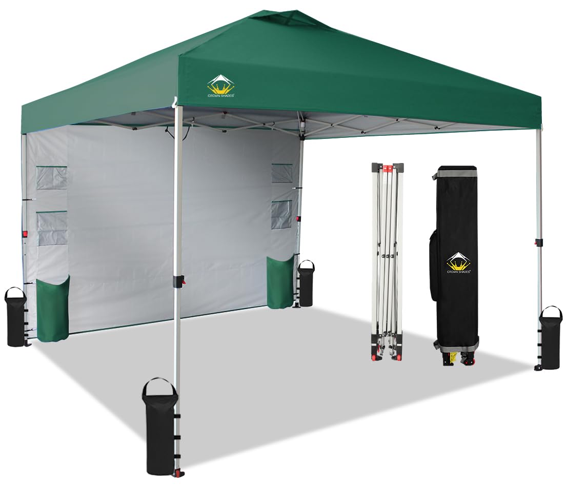 10x10 Pop Up Canopy Tent with Sidewalls & Pockets - Easy One-Person Setup Portable Sun Shelter for Camping, Beach, Backyard & Outdoor Events - Forest Green Instant Canopy with Center Lock System