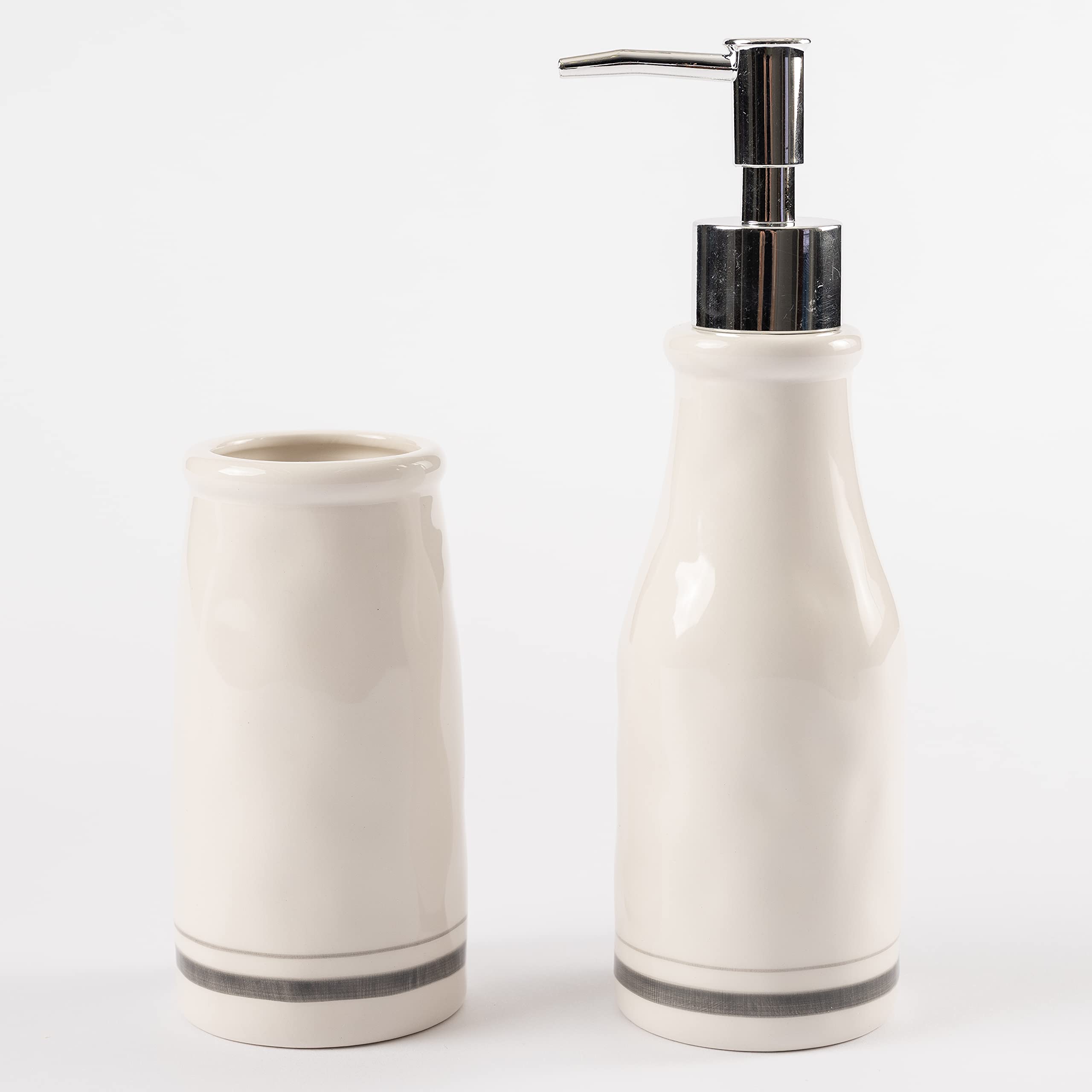 Mud Pie Bistro Soap Dispenser and Toothbrush Holder Set - White Ceramic Bathroom Organizer for Farmhouse & Modern Decor | Perfect for Kitchen, Bathroom, and Guest Room Storage