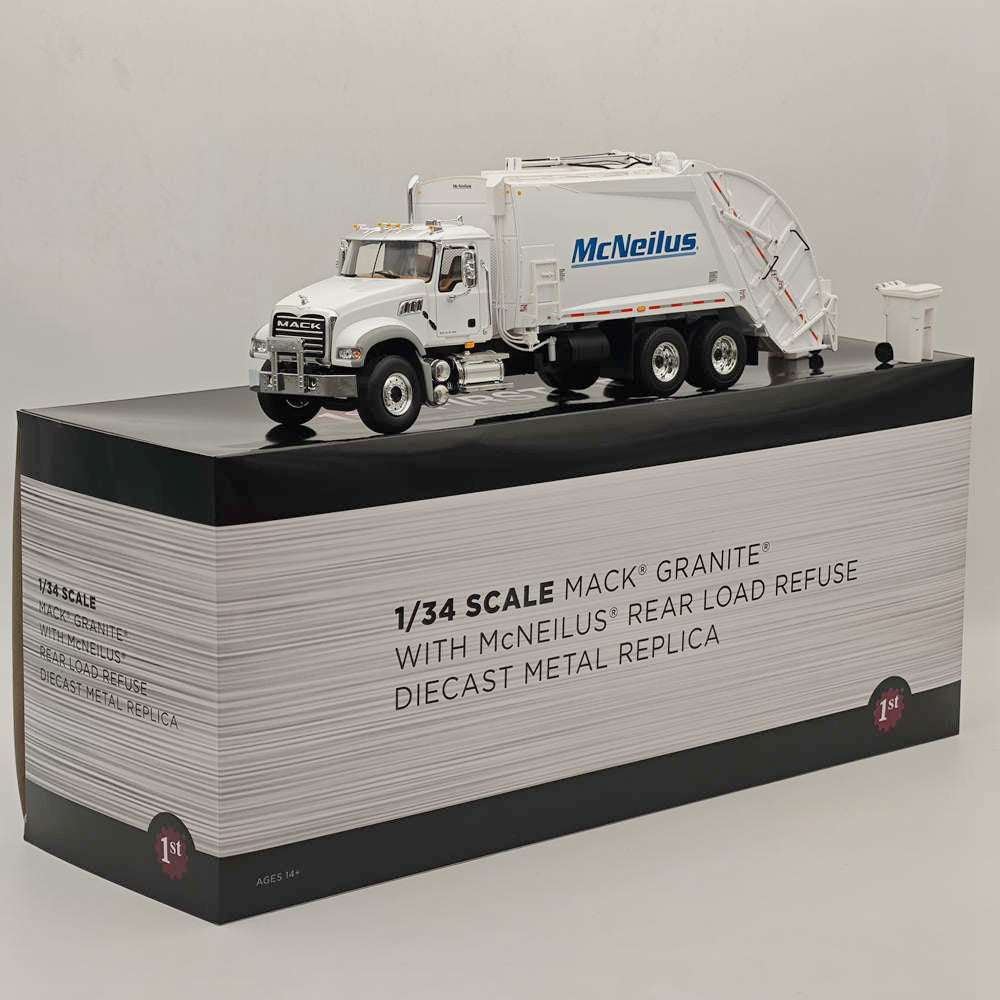 1/34 Scale Mack Granite with McNeilus Rear Load Refuse Body & Trash Carts - White Diecast Model Truck (First Gear 10-4295) - Perfect for Collectors, Display, and Construction-Themed Dioramas