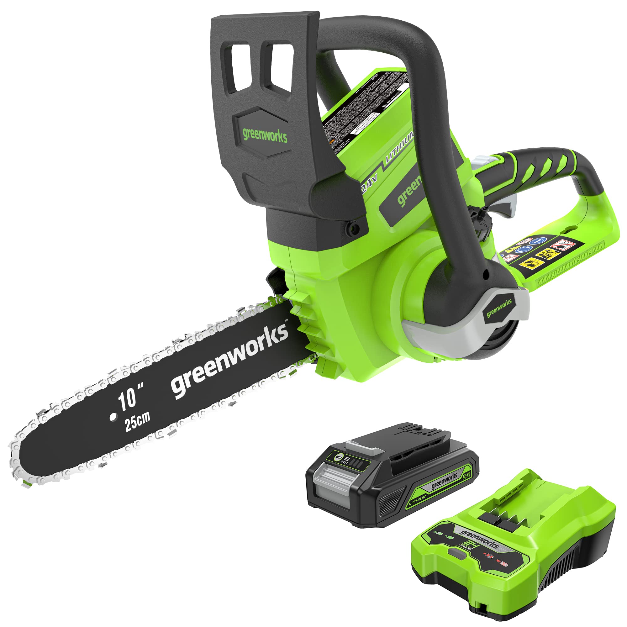 Greenworks 24V 10-Inch Cordless Chainsaw with 2.0Ah USB Battery & Charger - Lightweight Electric Chainsaw for Tree Trimming, Branch Cutting & Yard Maintenance