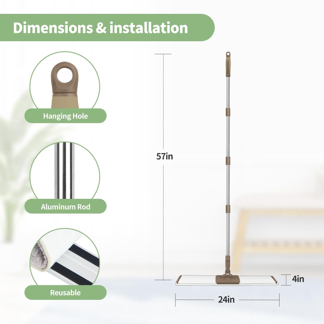 CQT Commercial Flat Microfiber Floor Mop Cleaning System - 24 Inch Wet Dry Dust Mop for Hardwood, Laminate & Tile Floors with 4 Washable Pads, Stainless Steel Handle & Extension (PT14 Brown) - Perfect for Home, Office & Commercial Cleaning