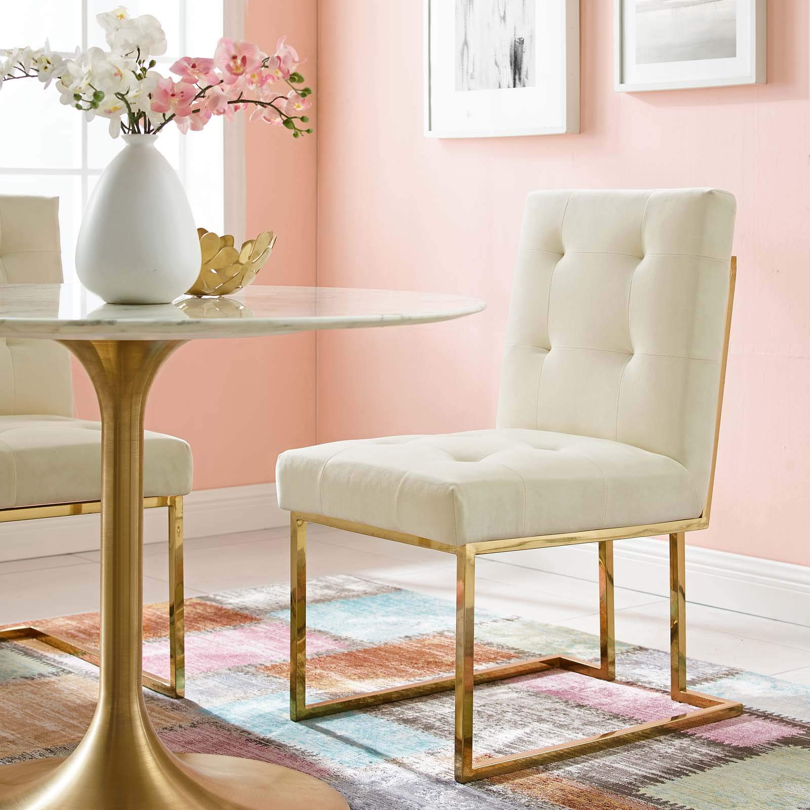 Modern Velvet Dining Chair with Metal Frame - Gold, Ivory & White Upholstered Side Chair for Kitchen, Dining Room & Home Decor