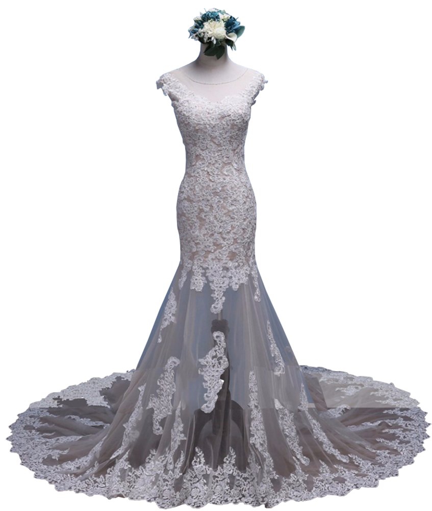 Honeydress Women's Elegant Mermaid Wedding Dress with Beaded Lace Appliques & Detachable Train - Perfect for Beach, Church, and Formal Wedding Ceremonies