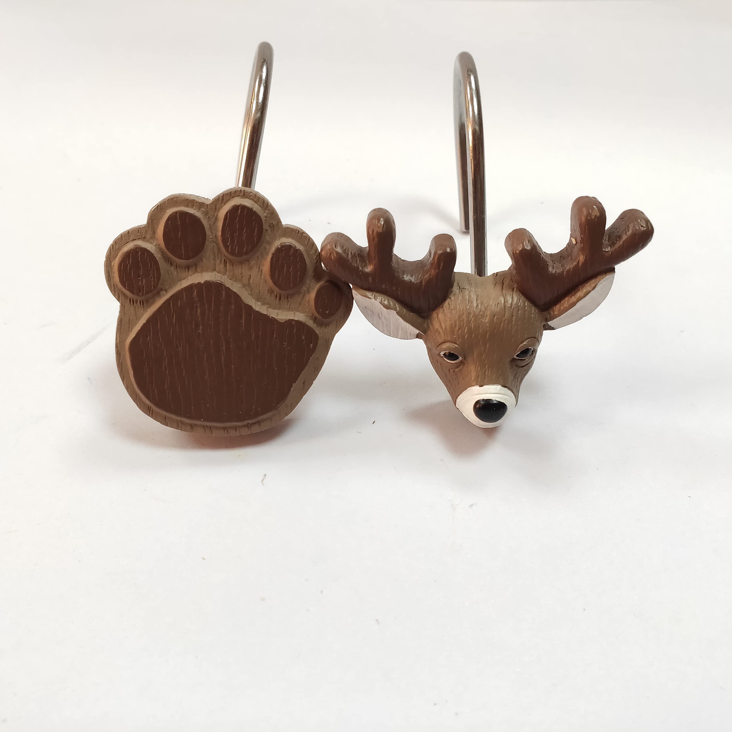 VEGA U Deer & Deer Paw Shower Curtain Hooks - 12 Pack Cute Animal Resin Bathroom Decor Rings for Farmhouse, Kids' or Nature-Themed Bathrooms