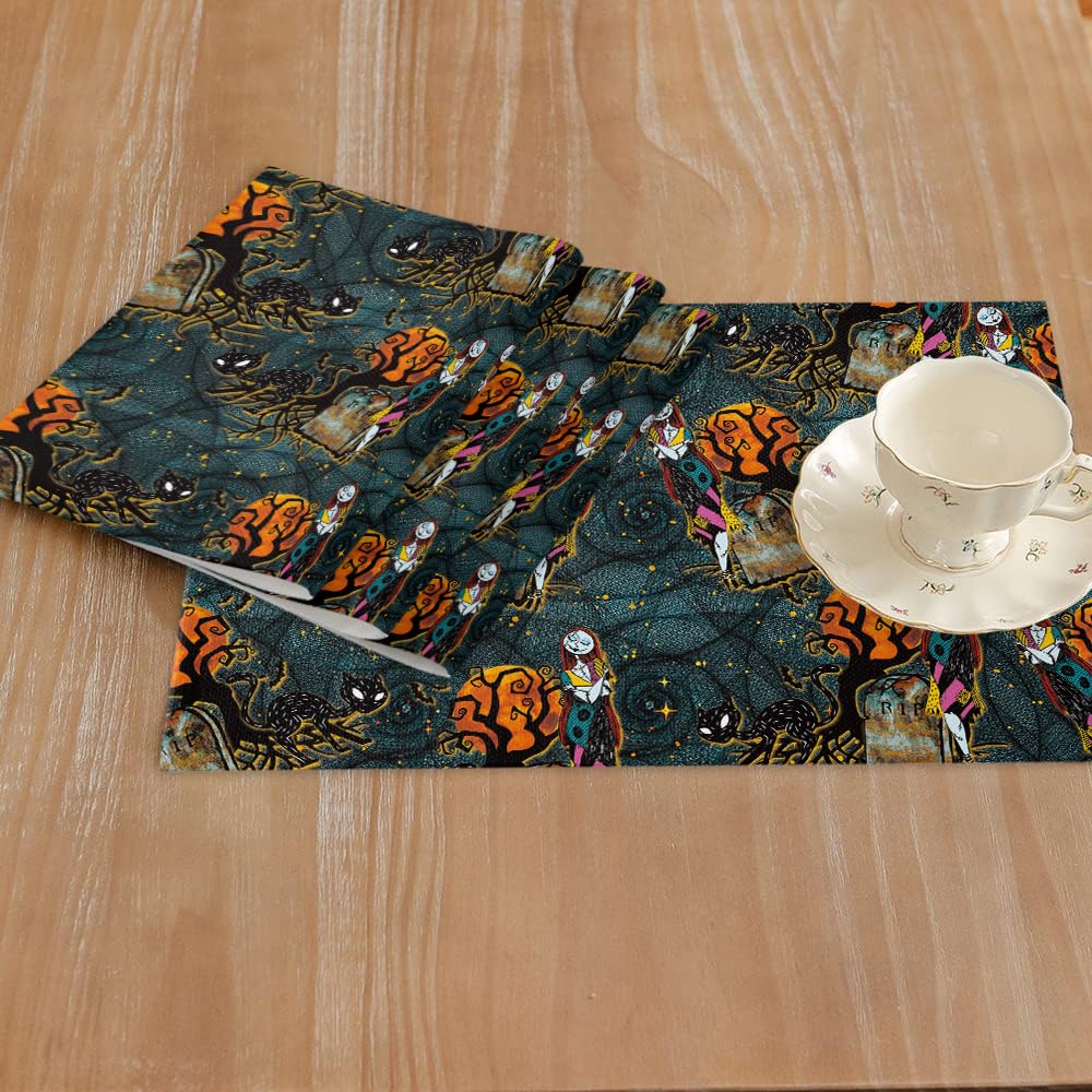 4Pcs Halloween Placemats Set - Cute Sally & Cat Themed Washable Table Mats for Kitchen Dining - Nightmare Before Christmas Decorations - Heat Resistant Holiday Tableware for Halloween & Christmas Parties