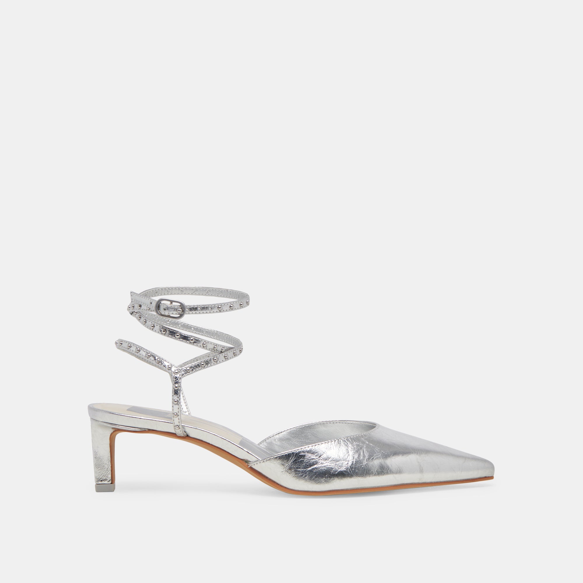 LOKLYN Silver Crinkle Patent Stud Heels for Women - Stylish Party & Evening Shoes for Weddings, Prom, and Night Out