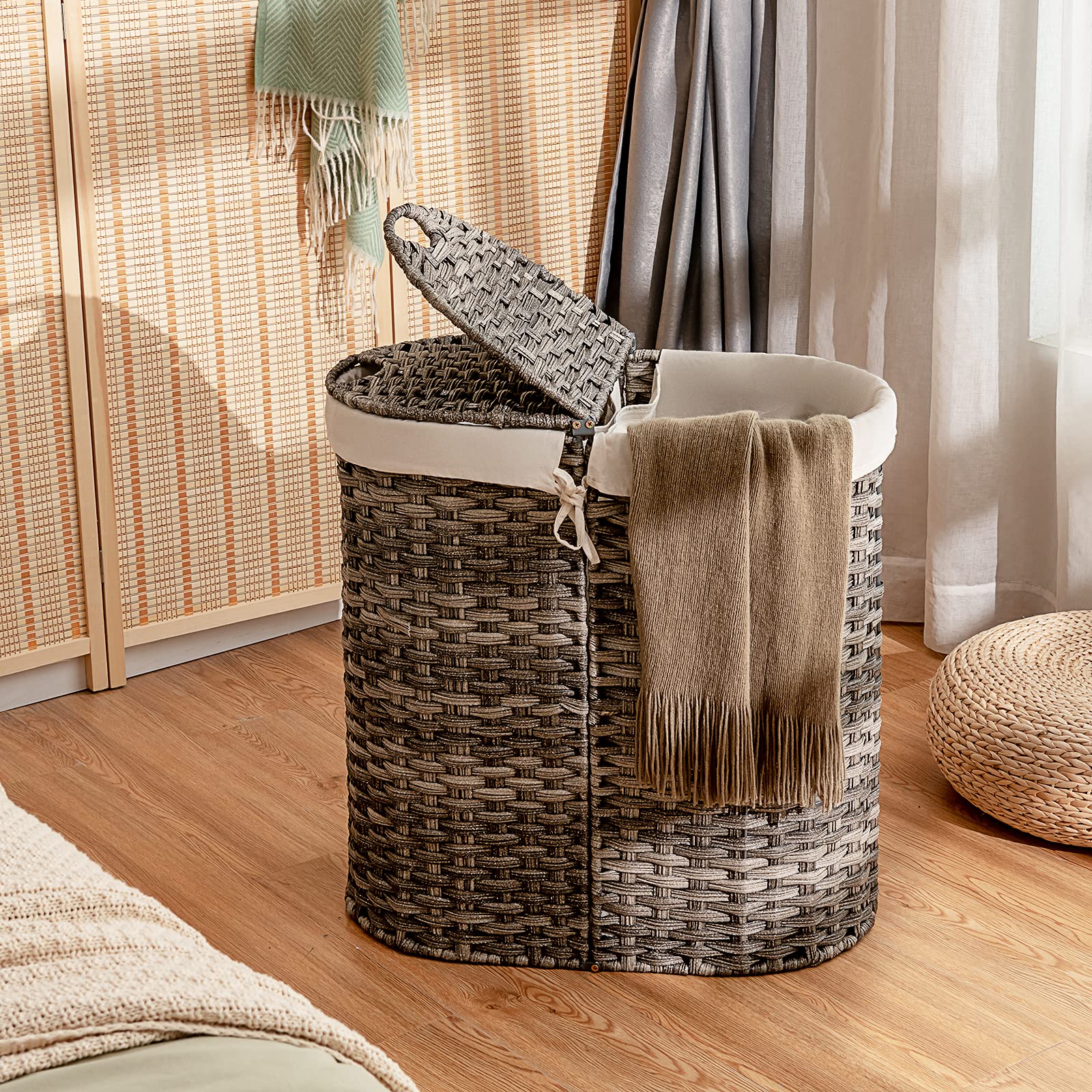 Giantex Double Laundry Hamper with Lid - 2 Removable Liner Bags, Handwoven Clothes Sorter Basket for Bedroom, Living Room & Laundry Room | Portable Storage Organizer for Dirty Clothes & Linens (Gray)