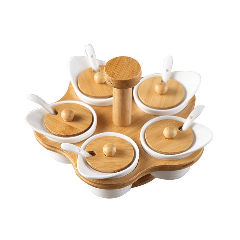 Premium Ceramic Spice Jar Set with Wooden Lid & Spoon - 6-Piece Rotating Porcelain Condiment Organizer for Kitchen Countertop, Pantry, and Dining Table - Perfect for Storing Salt, Pepper, Herbs & Spices