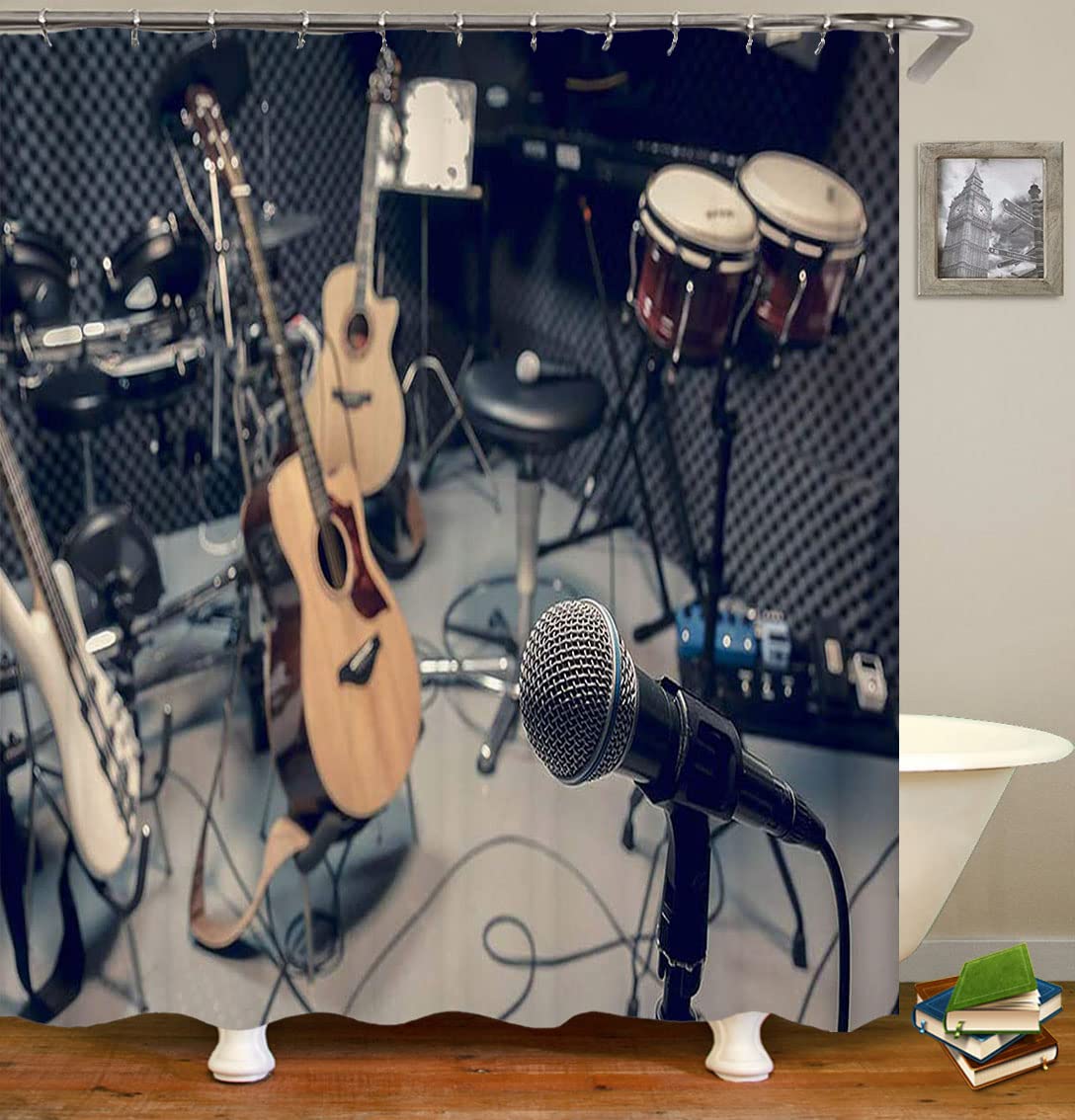 OLEBETY 4-Piece Pop Music Shower Curtain Set with Electric Guitar, Drums & Microphone Design - Waterproof Fabric Bathroom Decor for Band Theme - Includes Non-Slip Bath Mat - Perfect for Music Lovers' Bathroom & Teen Room Decor