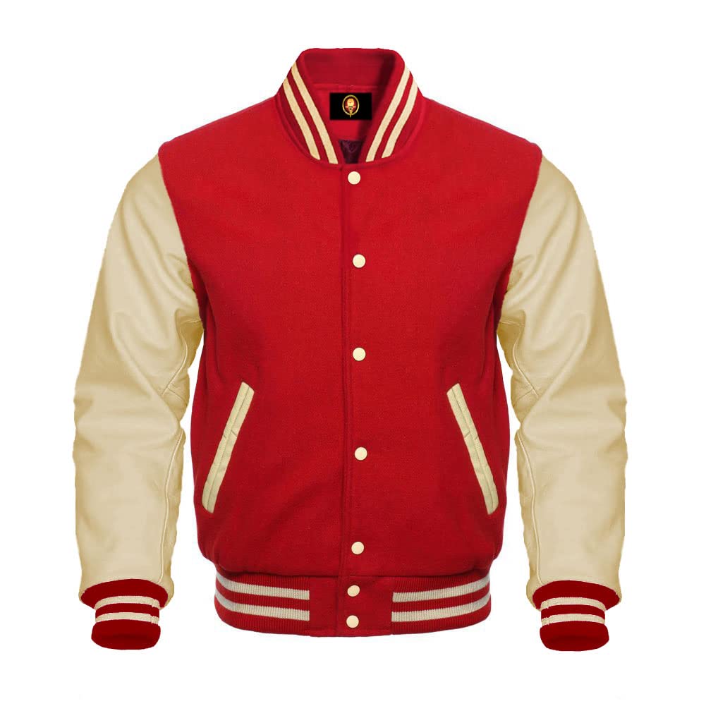 Varsity Bomber Letterman Baseball Jacket for High School & College - Genuine Leather Sleeves & Premium Wool Body - Perfect for Sports Teams, Graduation & Casual Wear