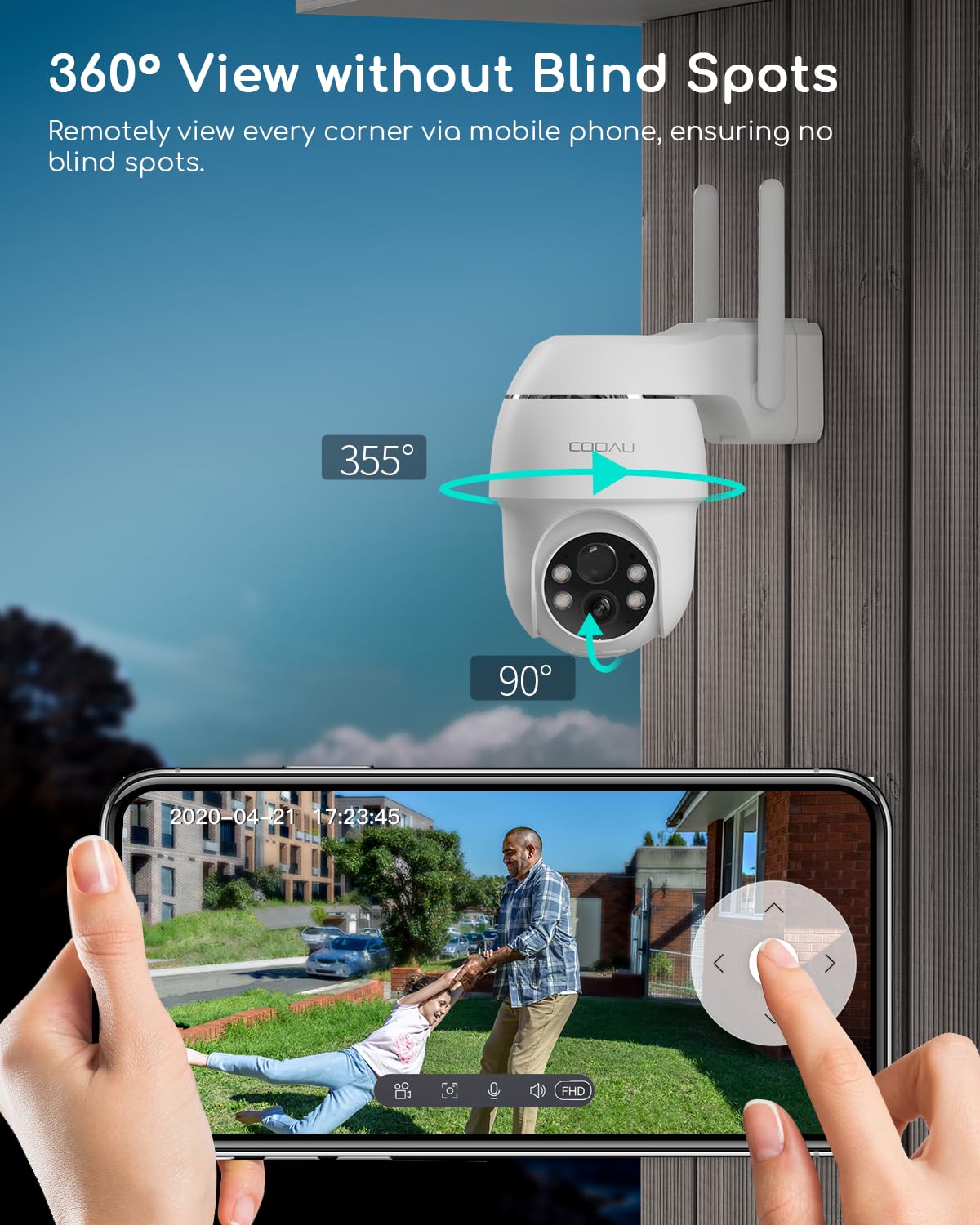 COOAU 2K Wireless Outdoor Security Camera with 360° PTZ, Color Night Vision & Rechargeable Battery - 2.4G WiFi CCTV for Home Surveillance, Yard Monitoring & Property Protection
