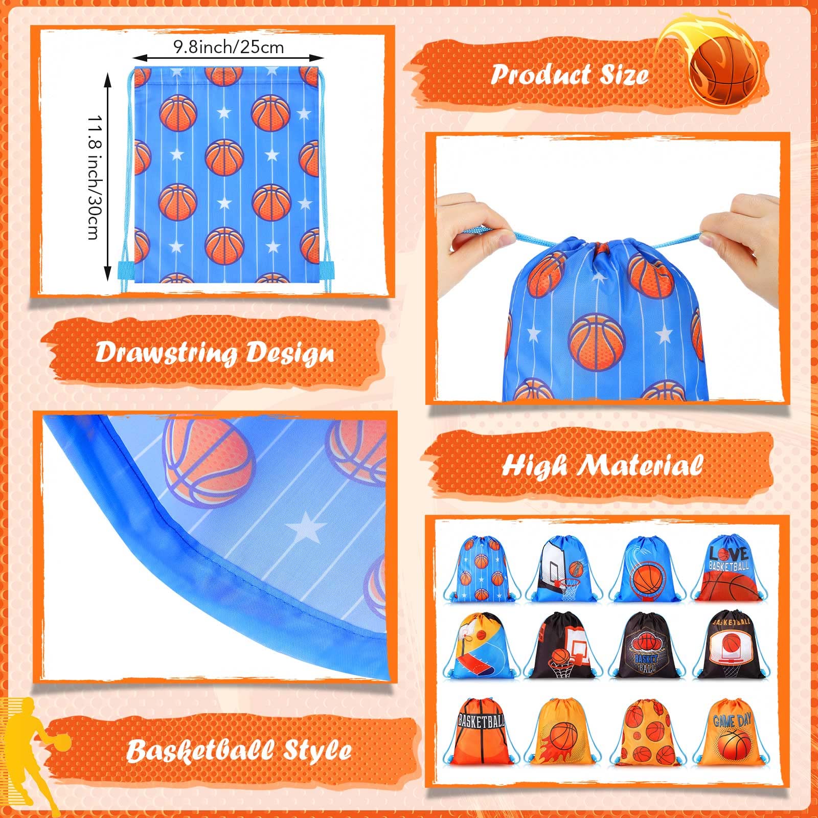 12 Pack Basketball Party Favor Bags - Sports Themed Drawstring Gift Bags for Birthday Parties, Team Events & Gym Workouts - Durable Backpack Candy Bags for Kids & Adults - Perfect for Basketball Gifts, Travel & Sports Supplies