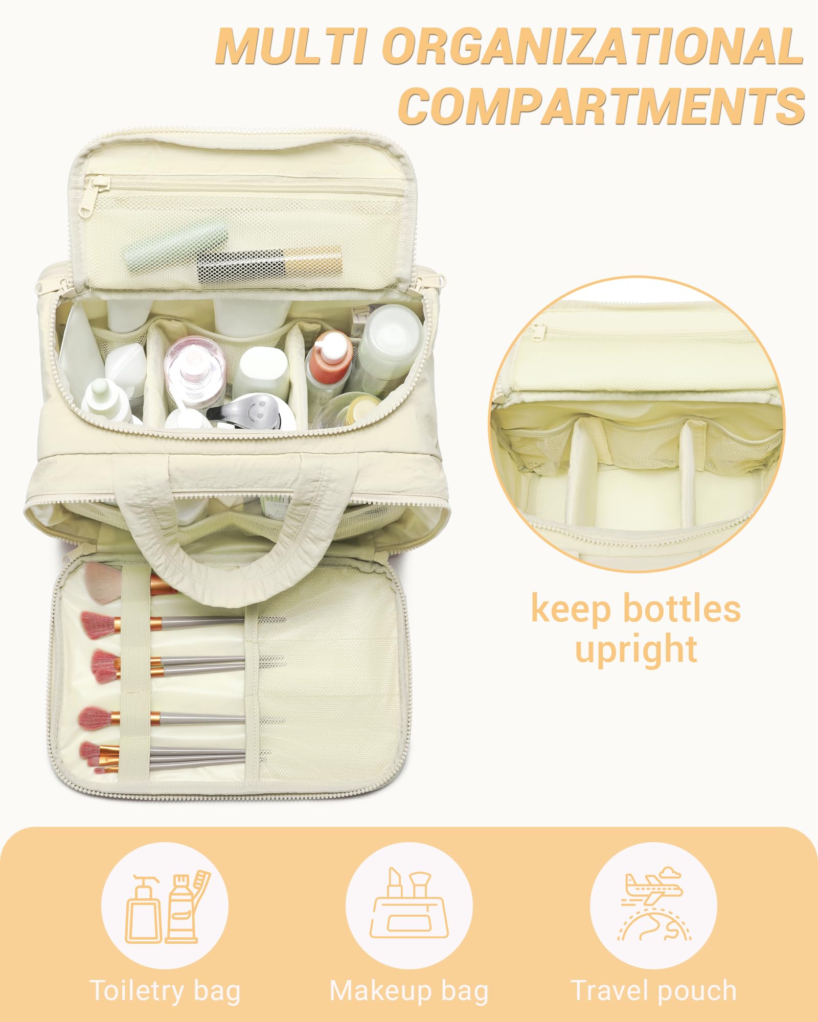 Quilted Travel Toiletry Bag for Women - Lightweight Cosmetic Makeup Organizer with Handle for Essentials | Puffy Wide-Open Design | Perfect for Air Travel, Vacation & Gym Accessories Storage (Beige)