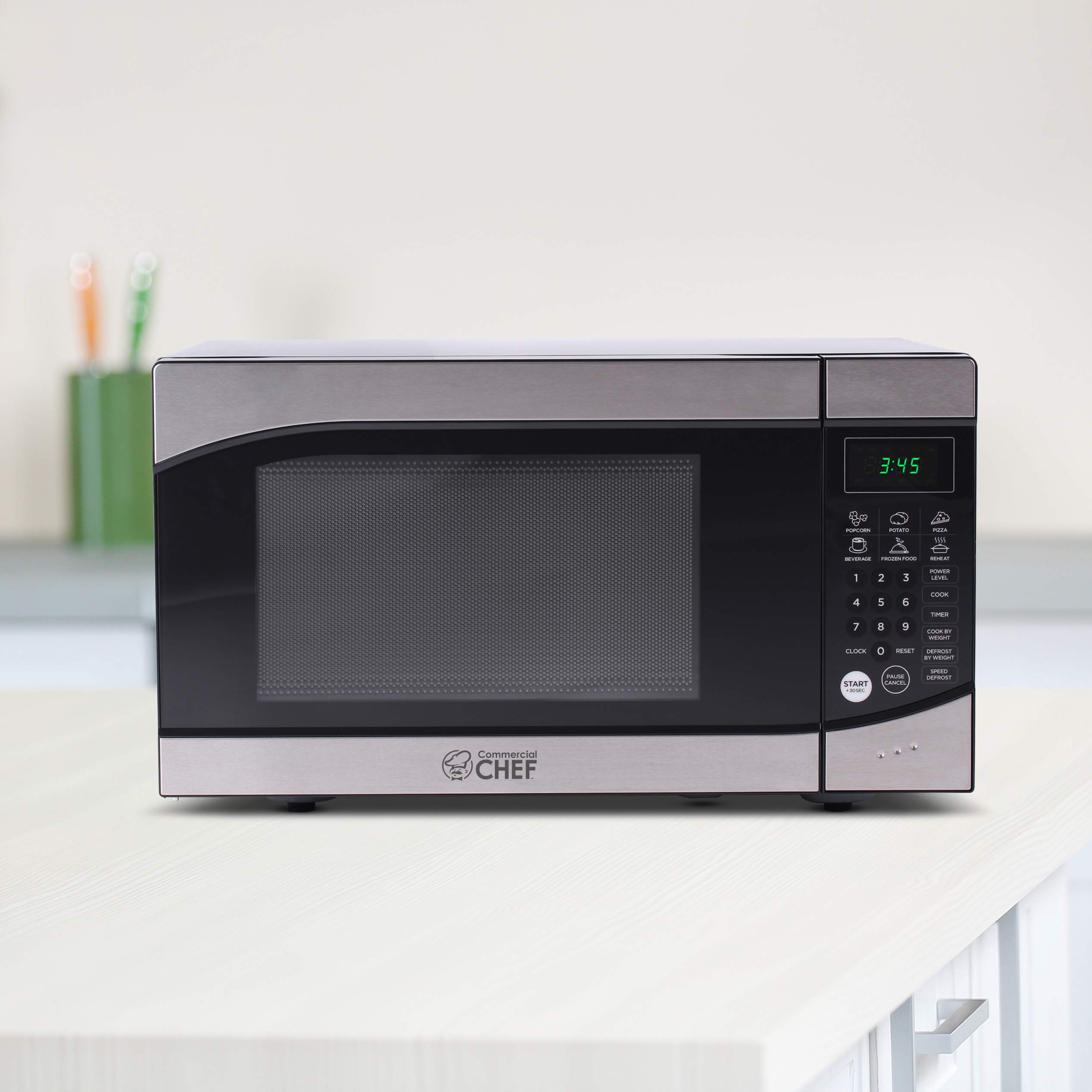 Commercial Chef 0.9 Cu Ft Stainless Steel Countertop Microwave - 900W with 10 Power Levels, Digital Controls, Push Button, Child Lock, Timer & Quick-Touch Menu - Perfect for Home Kitchen, Office Breakroom & Small Spaces