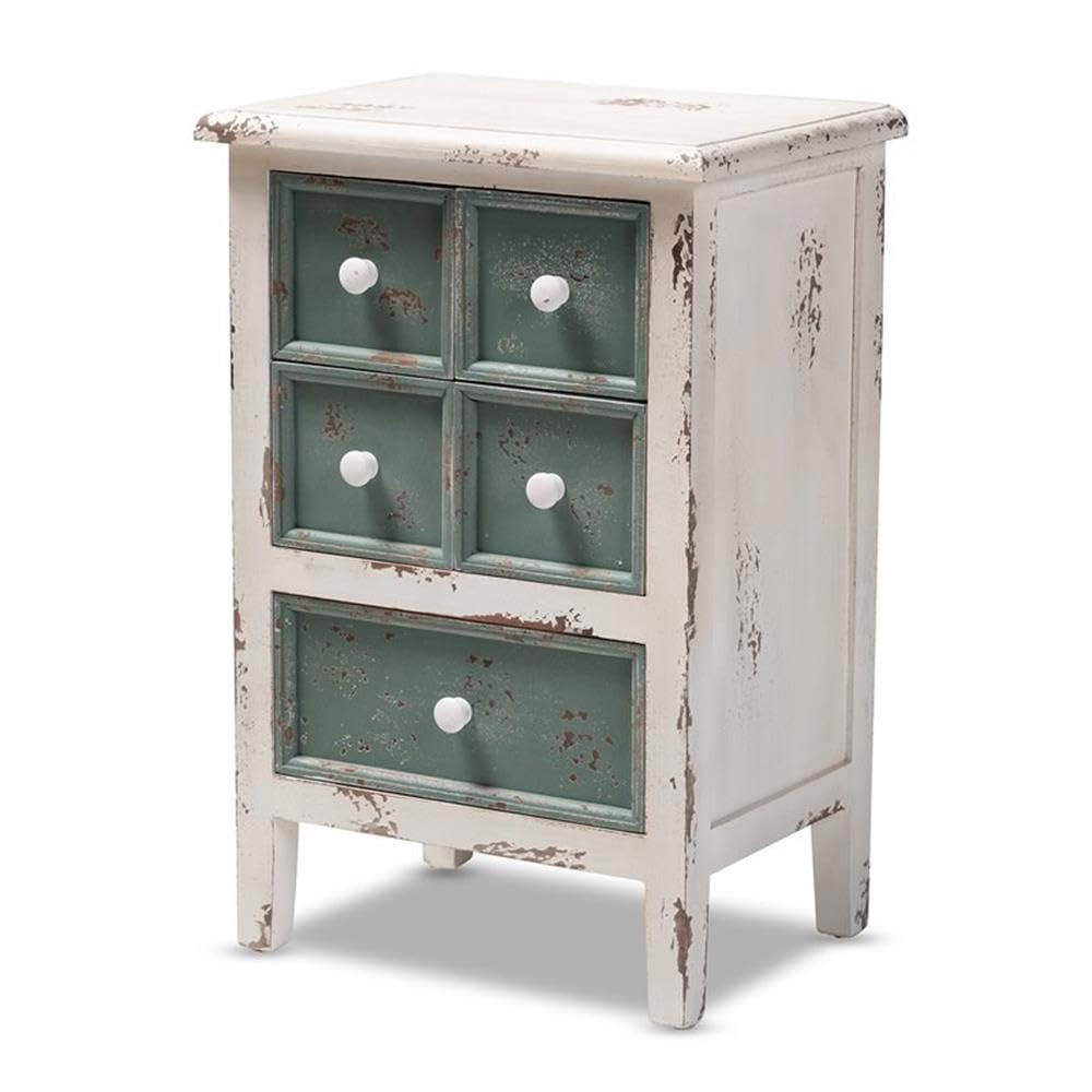BOWERY HILL 5-Drawer Farmhouse Wood Nightstand - White & Teal End Table for Bedroom, Living Room, Nursery | Rustic Cottage Decor & Storage Solution