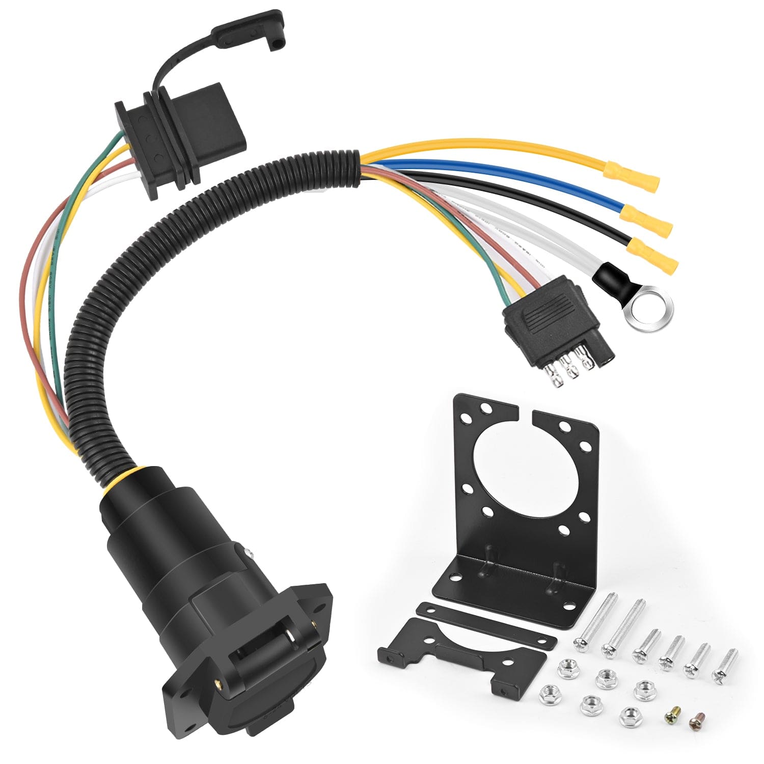 4 Way Flat to 7 Way RV Trailer Wiring Harness Adapter - Heavy Duty Electrical Connector for Towing & Camping - Perfect for Travel Trailers, Boat Trailers & Utility Hauling