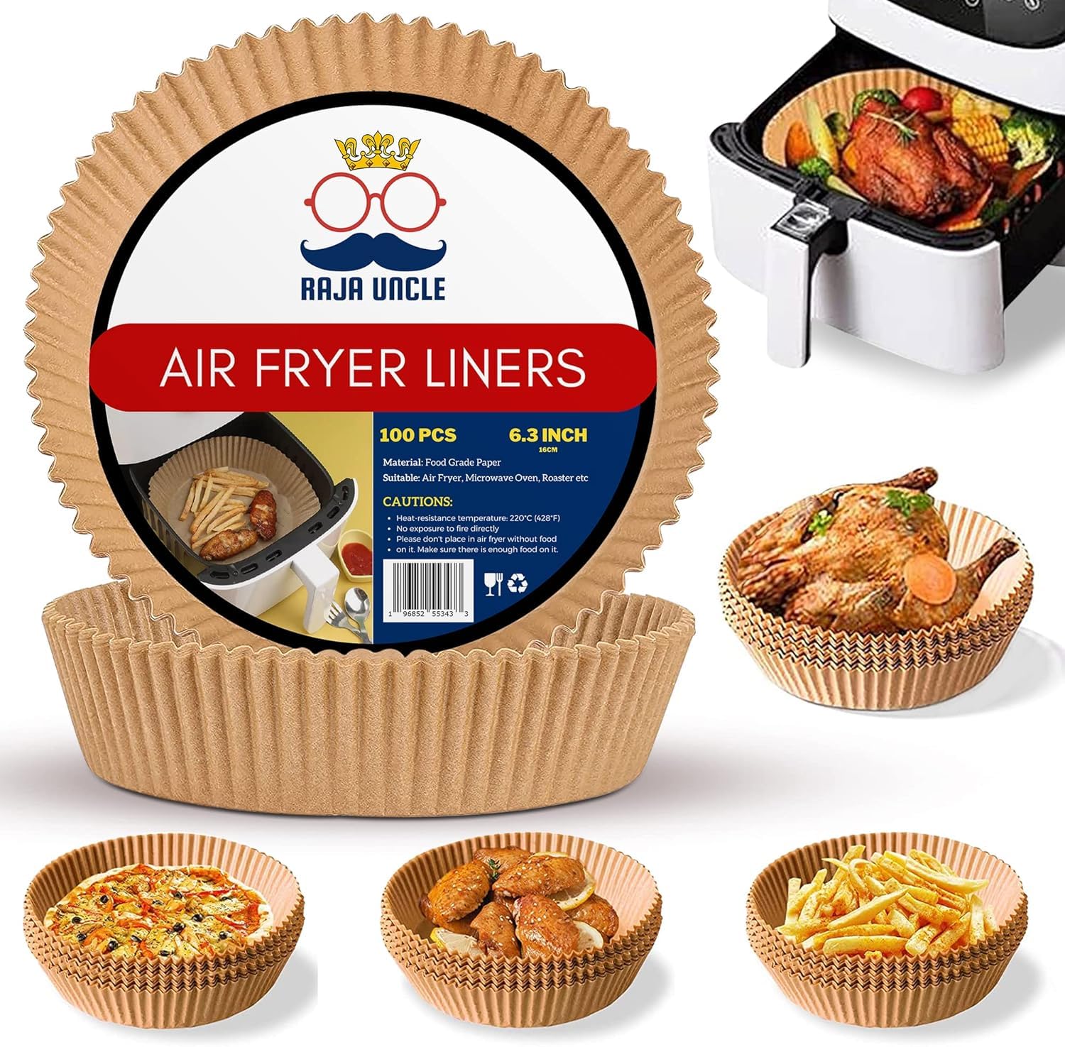 RAJA UNCLE 100PCS 6.3 Inch Round Air Fryer Liners - Disposable Non-Stick Greaseproof Paper Liners for COSORI, Ninja & Tower Air Fryers - Perfect for Cooking Chicken Wings, French Fries & Healthy Snacks