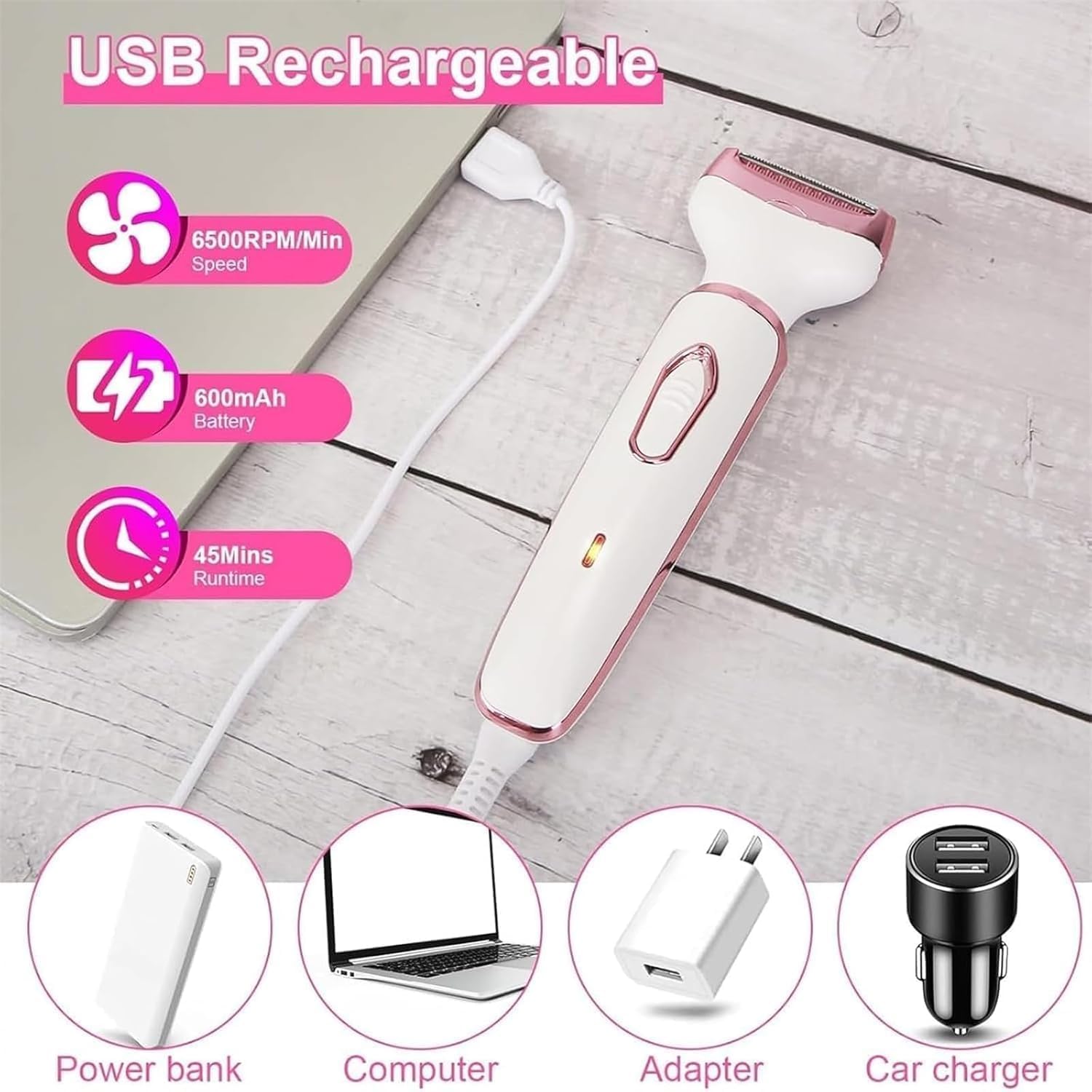 4-in-1 Electric Shaver for Women - Waterproof Cordless Rechargeable Lady Shaver with Trimmer & Bikini Razor - Smooth Hair Removal for Legs, Underarms, Bikini Line & Face - Perfect for Travel & Daily Use (White)