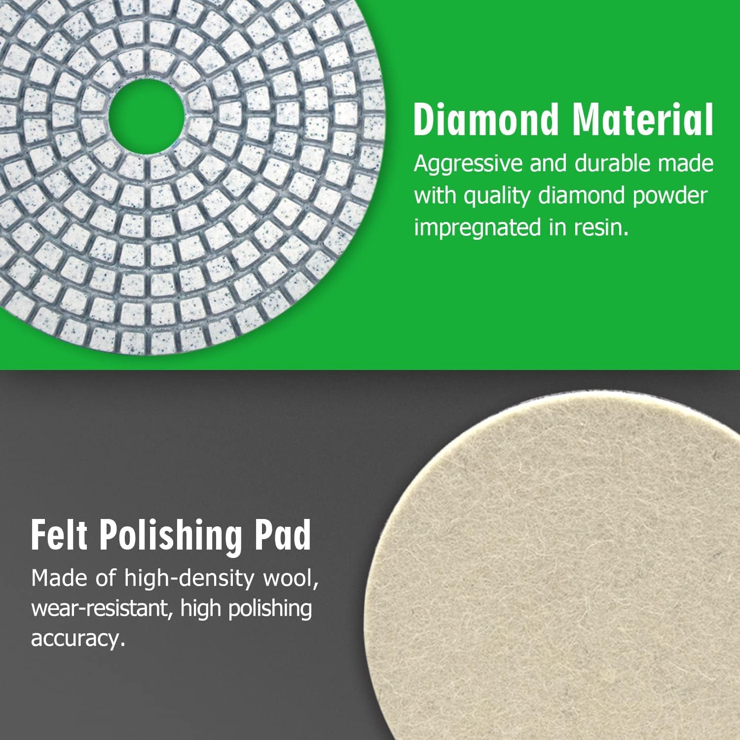 5 Inch Diamond Polishing Pads Set - 10pcs Wet/Dry Concrete Polish Tools with 5/8’’-11 Hook & Loop Backing Pads for Drill, Grinder & Polisher (50-3000 Grit) - Perfect for Marble, Granite, Quartz Stone Countertops & Floor Polishing