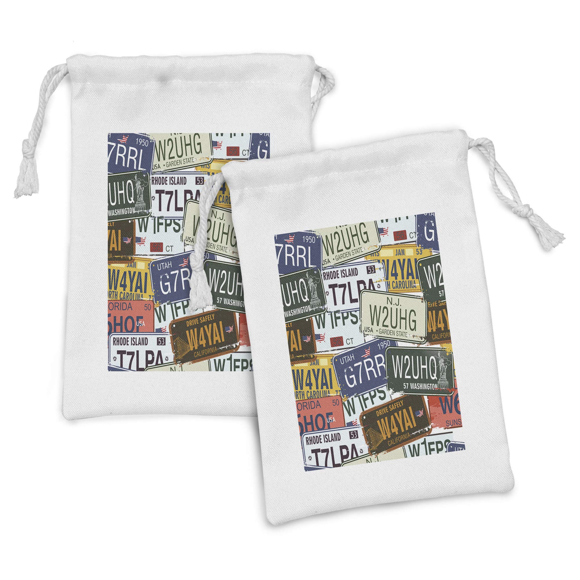 Ambesonne Vintage Fabric Pouch Set of 2 - Retro Style License Plate Design Drawstring Bags for Travel & Toiletries (9